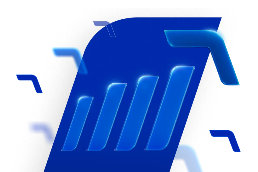 Haste do banco BV em azul mais escuro com gráfico e seta que remete ao crescimento econômico.