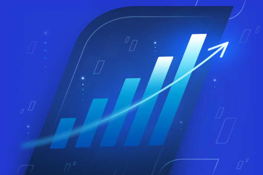 Haste do banco BV em azul mais escuro com gráfico e seta que remete ao crescimento econômico.