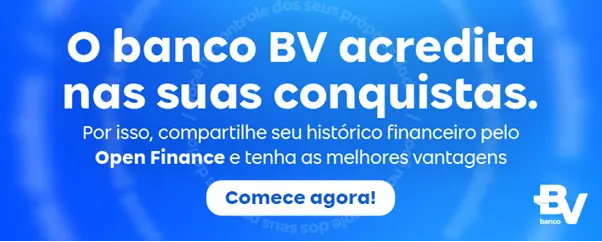 Banner de BV azul convidando o usuário a utilizar o Open Finance. 