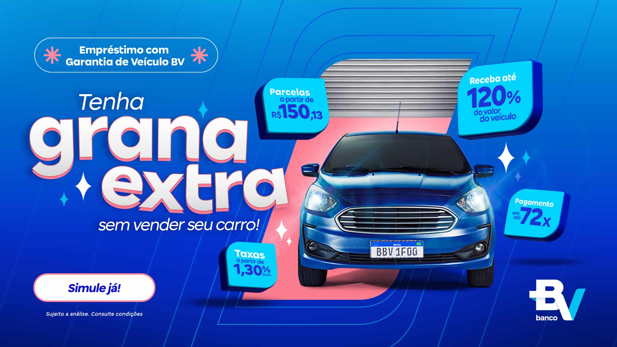 Banner azul convidando o usuário a fazer uma simulação do Empréstimo com Garantia de Veículo BV.