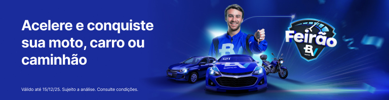 Banner azul com o seguinte texto à esquerda: "Acelere e conquiste sua moto, carro ou caminhão.". Ao centro, em primeiro plano, há um carro esportivo azul, um carro de passeio e uma motocicleta. Em segundo plano, um homem sorridente veste uma jaqueta azul e segura uma chave. À direita, lê-se o texto "Feirão BV".