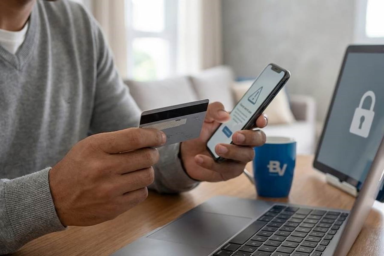 Pessoa segurando cartão e celular com alerta de segurança na tela, ao lado de um notebook com ícone de cadeado e caneca do banco BV.