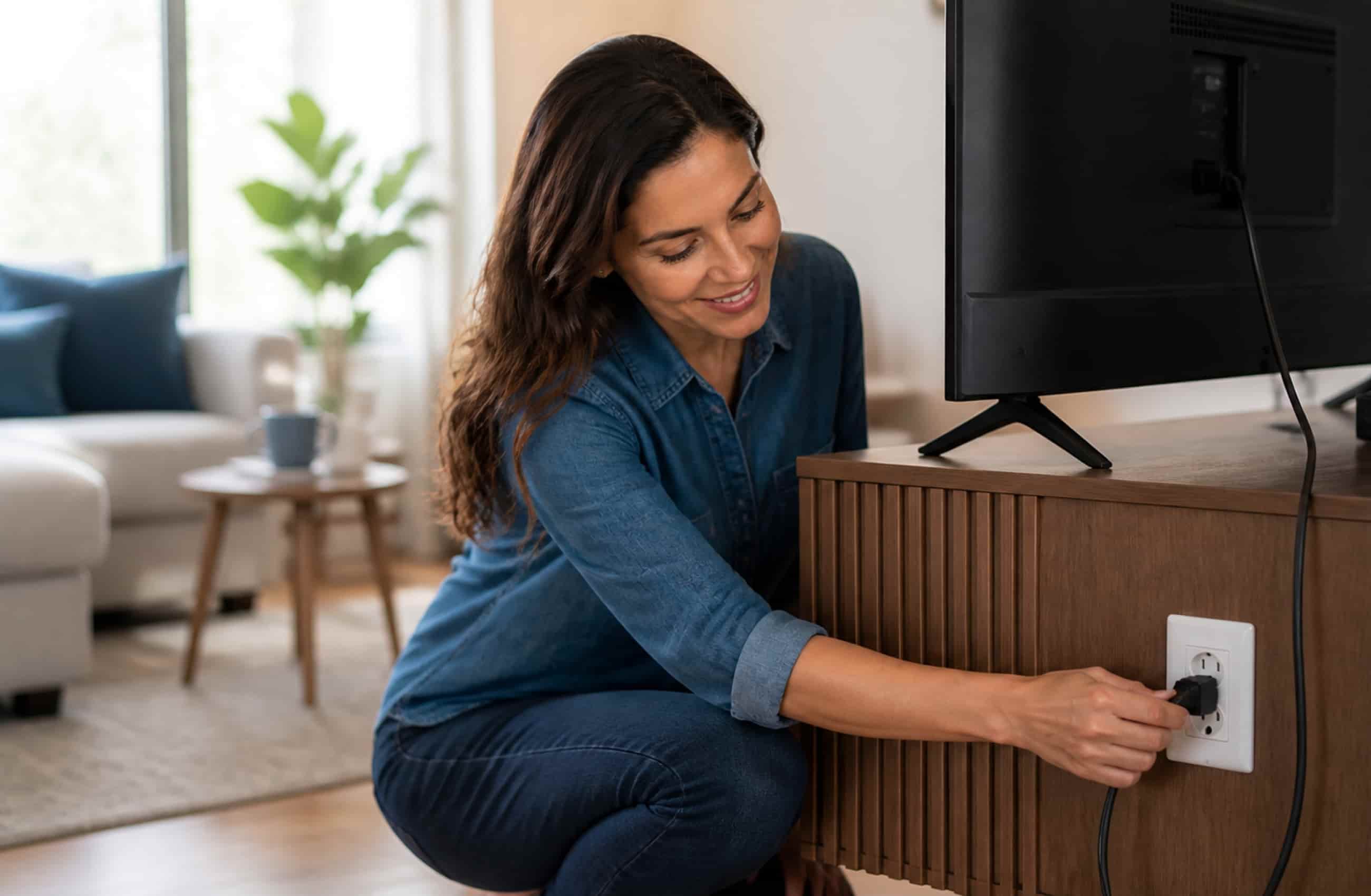 Mulher adulta agachada próxima de uma estante e uma TV, puxando um cabo da tomada.