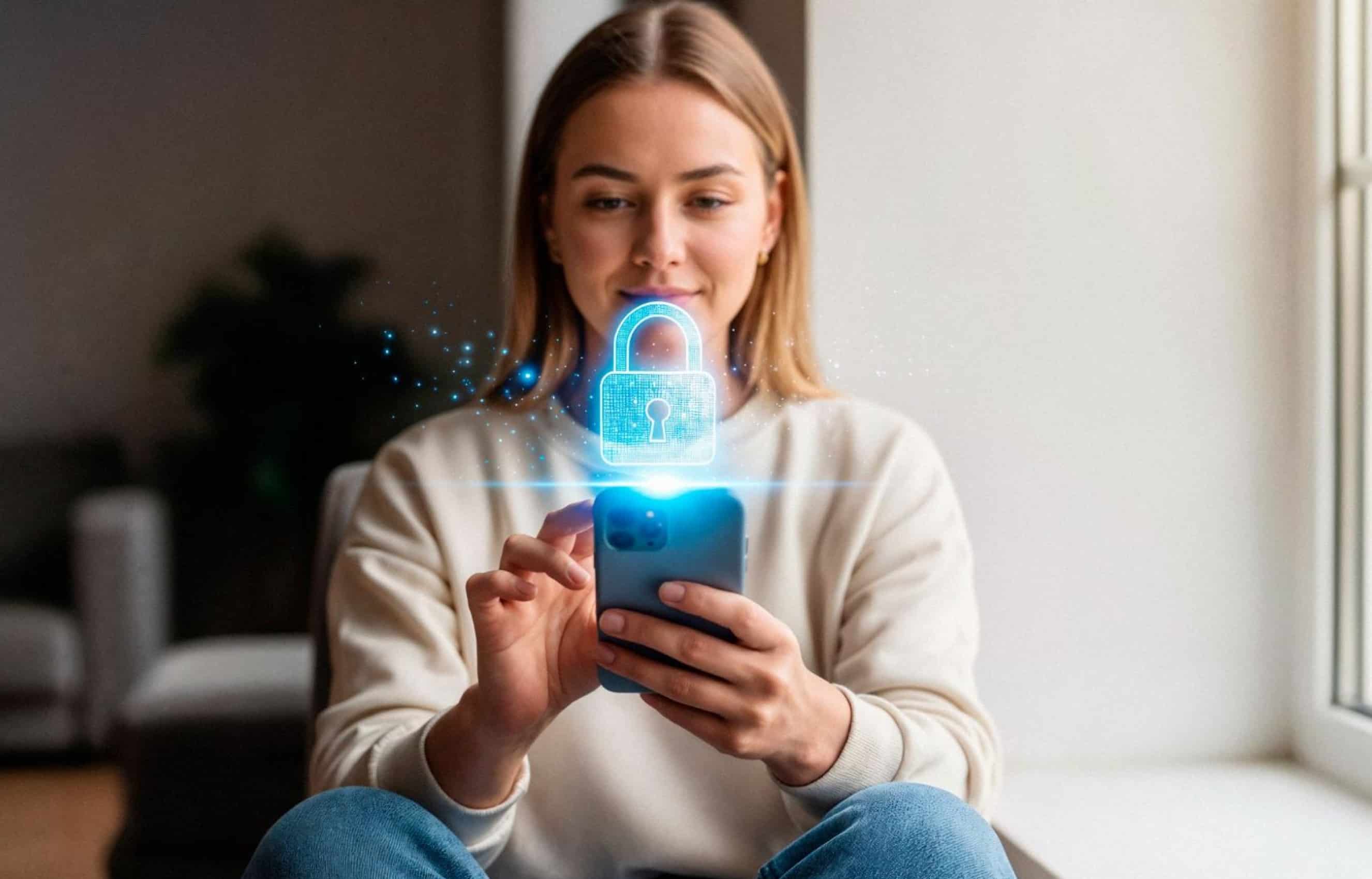 Uma jovem mulher sorri enquanto segura um smartphone, do qual emerge um holograma azul brilhante de um cadeado trancado, simbolizando a segurança digital dos dados no dispositivo. 