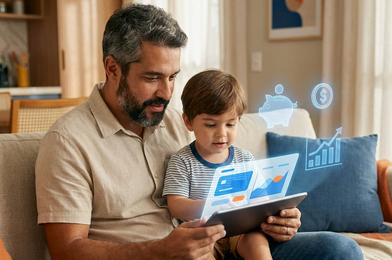 Pai e filho usando tablet com gráficos e ícones de finanças projetados para o futuro.