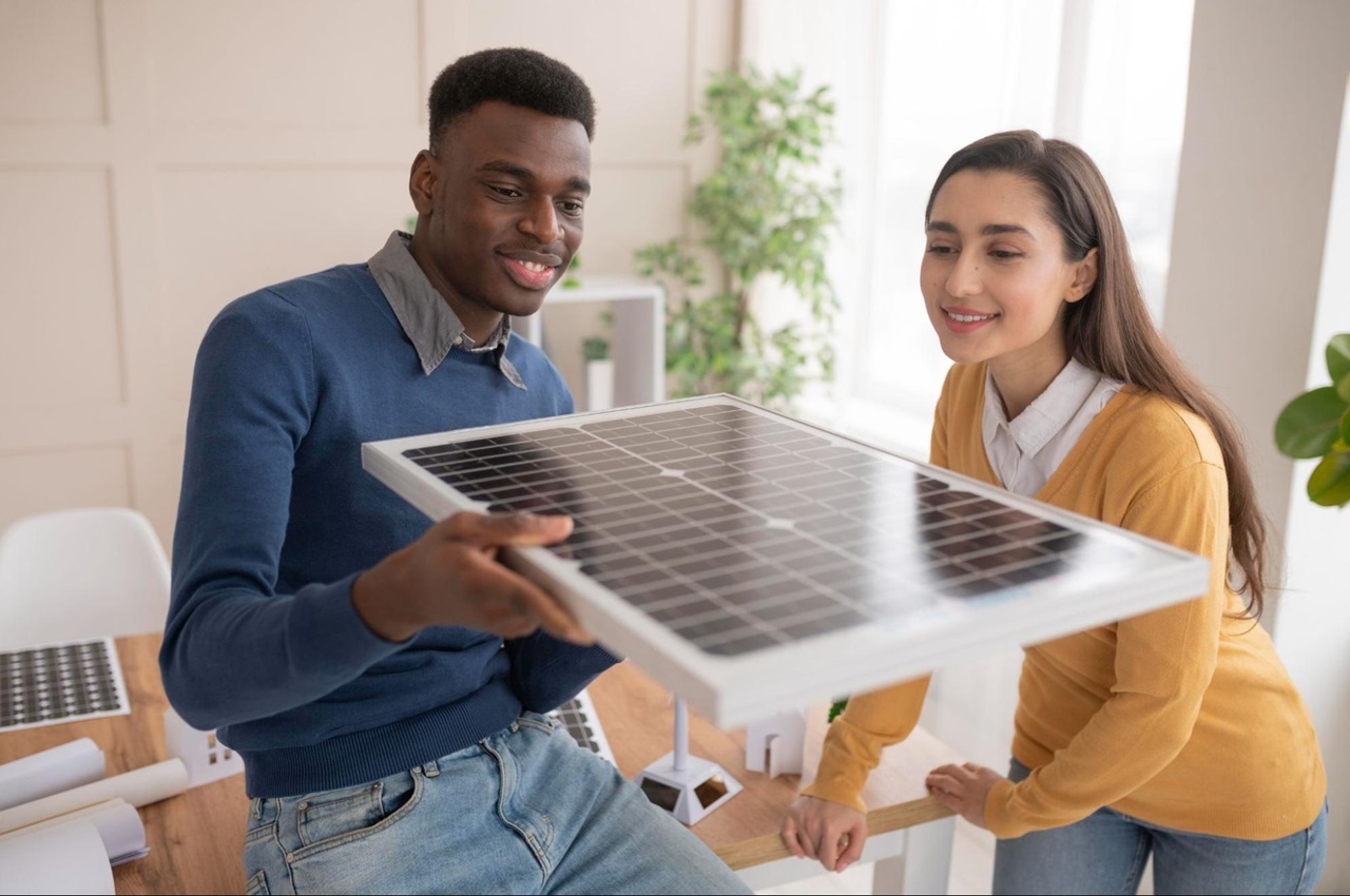 Pessoas segurando painel solar em ambiente interno ao lado de maquetes de residências.