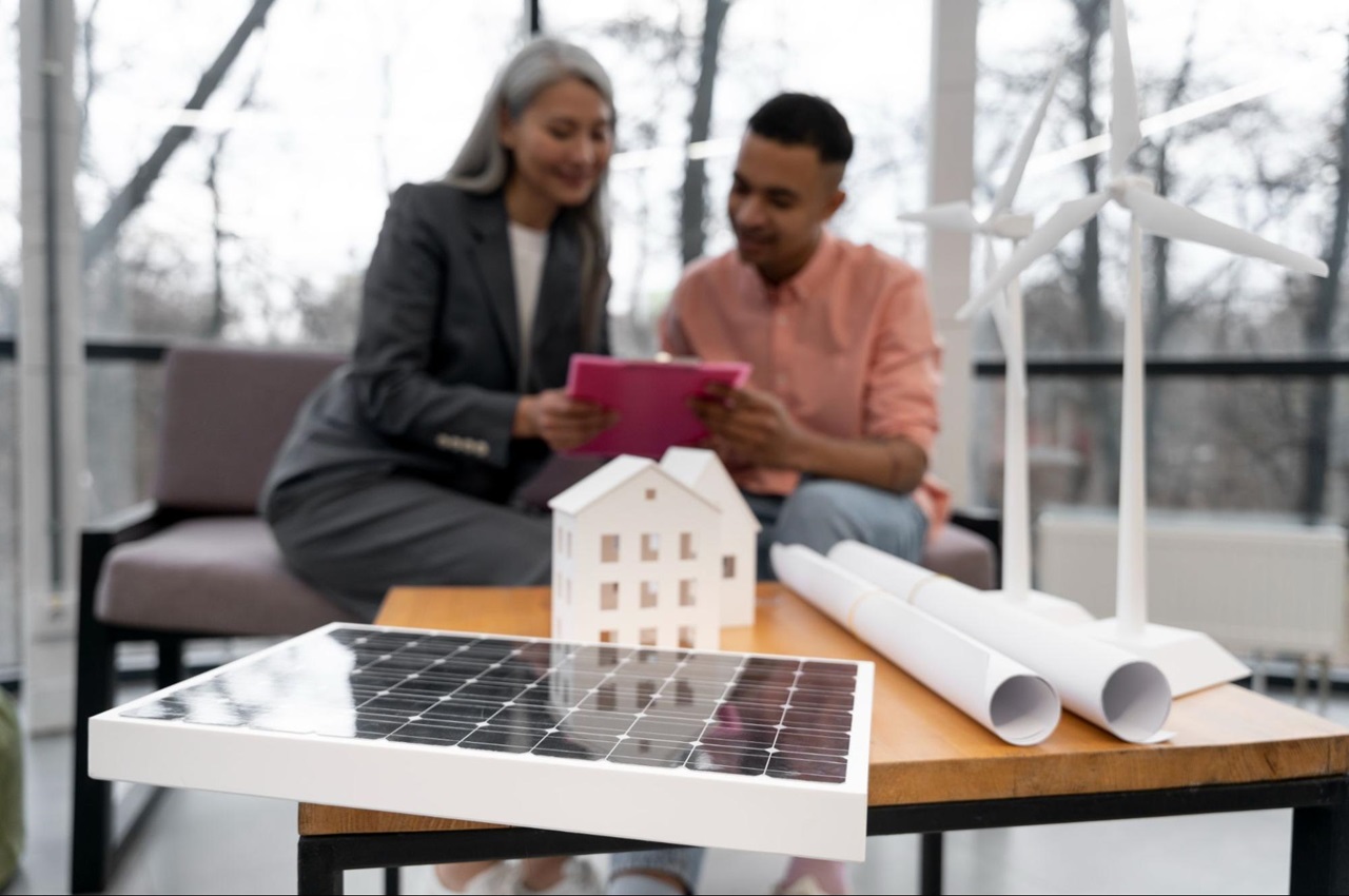 Duas pessoas analisando modelos de painéis solares, turbinas e painéis arquitetônicos sobre uma mesa.