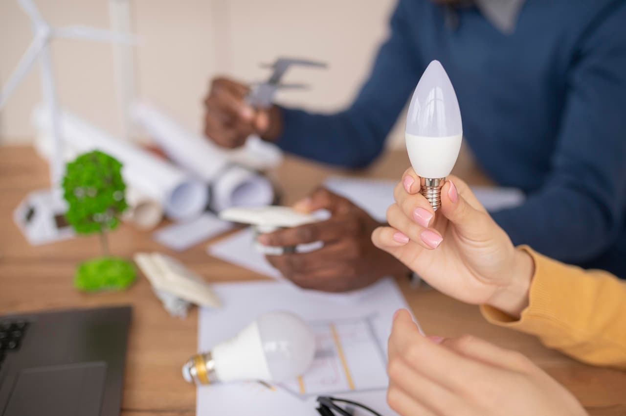 Mão segurando uma lâmpada de LED em primeiro plano, com maquetes de turbina eólica e projetos sobre uma mesa de madeira ao fundo.