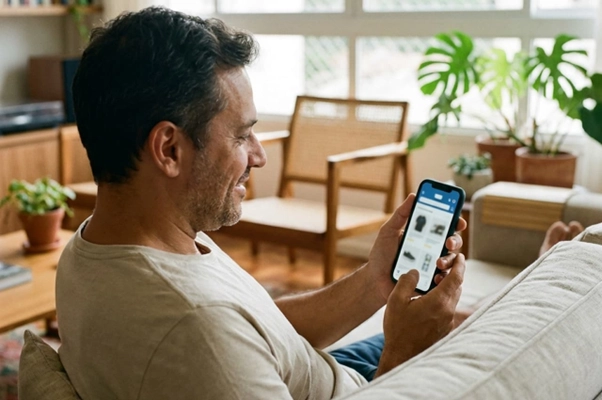 Homem sorrindo sentado no sofá enquanto usa o celular para comprar online com segurança.&nbsp;