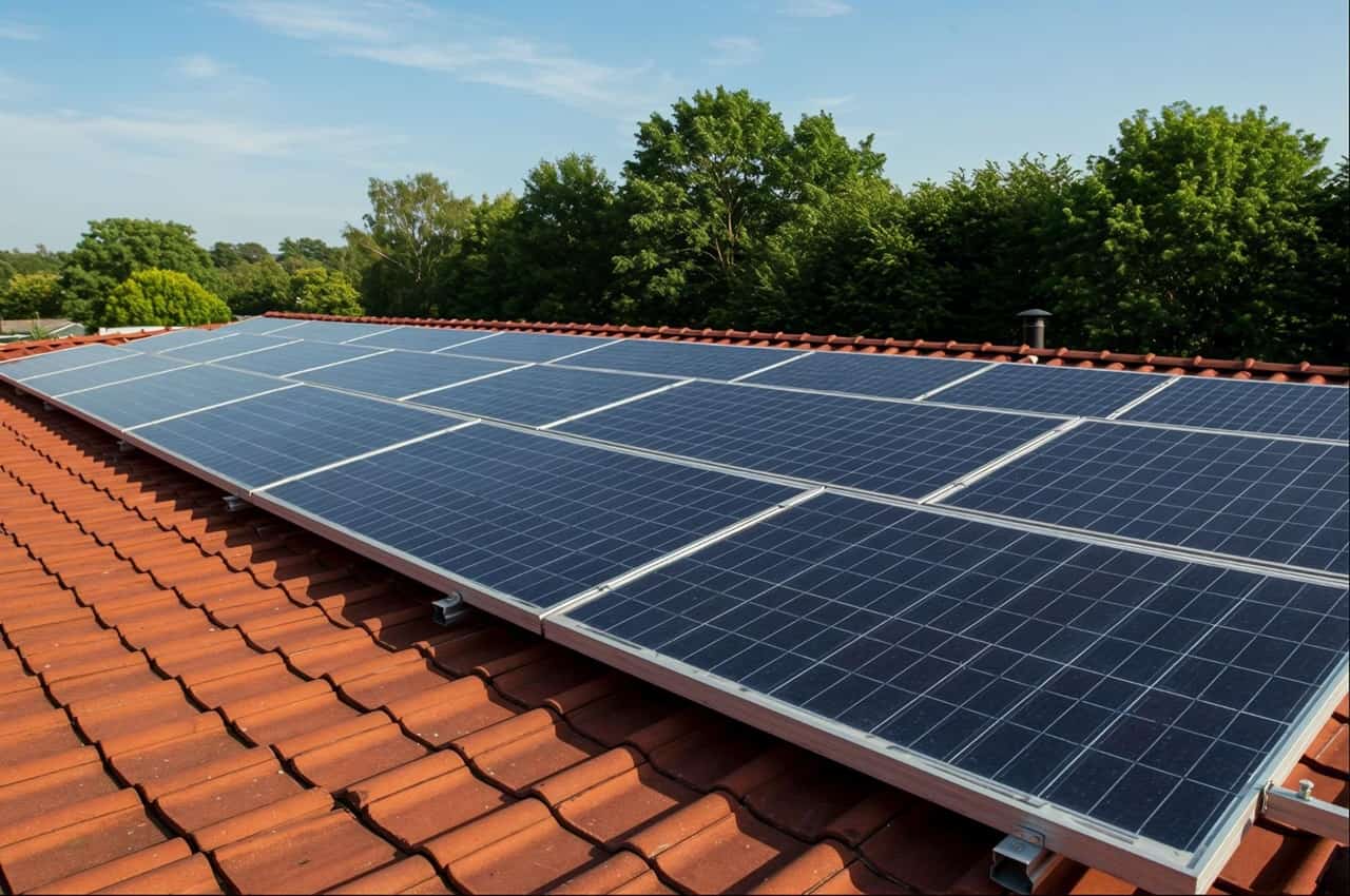 Painéis solares instalados em telhado de casa sob céu claro, refletindo luz solar.