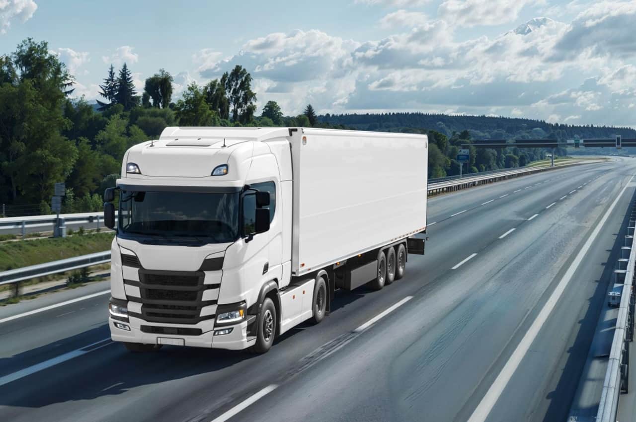 Caminhão branco de grande porte em movimento, em uma rodovia.