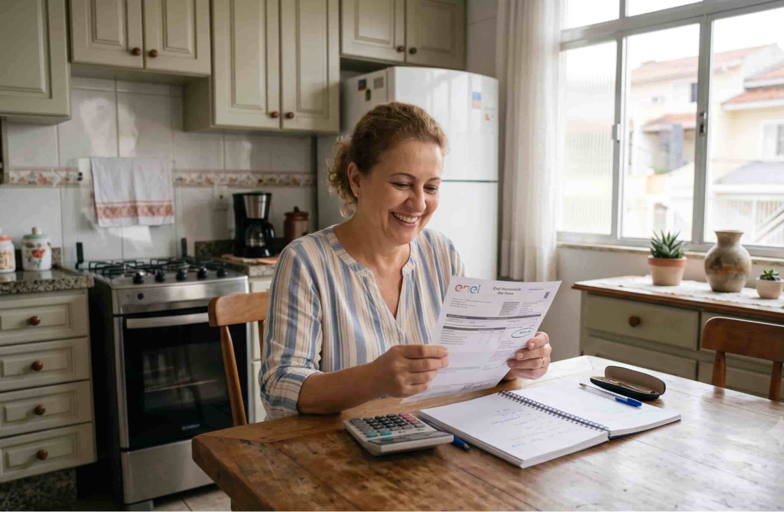 Mulher sorridente sentada à mesa da cozinha, examinando uma conta de luz ao lado de calculadora e caderno sob luz natural.