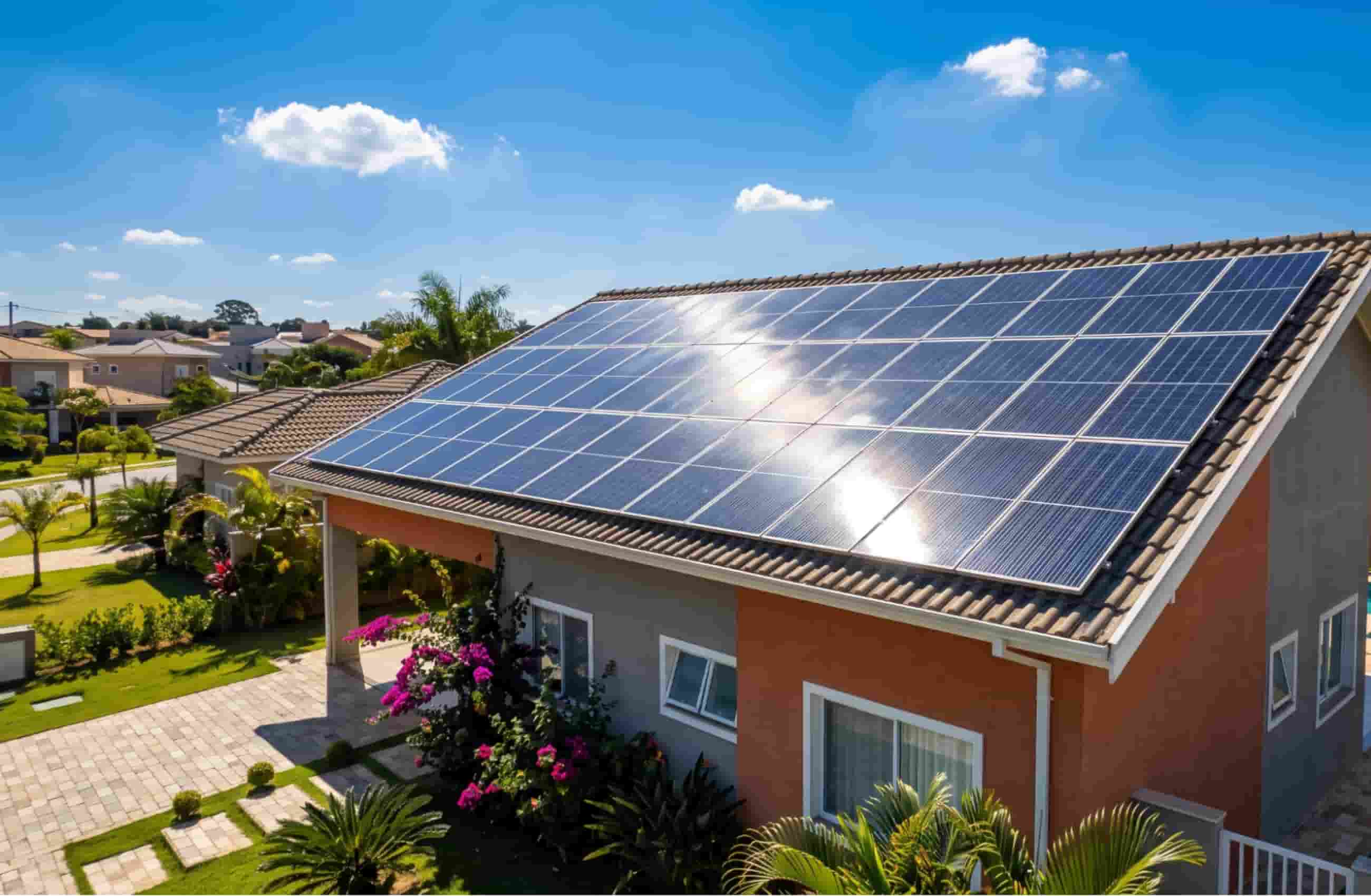 Vista em ângulo diagonal de painéis solares limpos e eficientes instalados no telhado de uma casa residencial em um dia ensolarado.