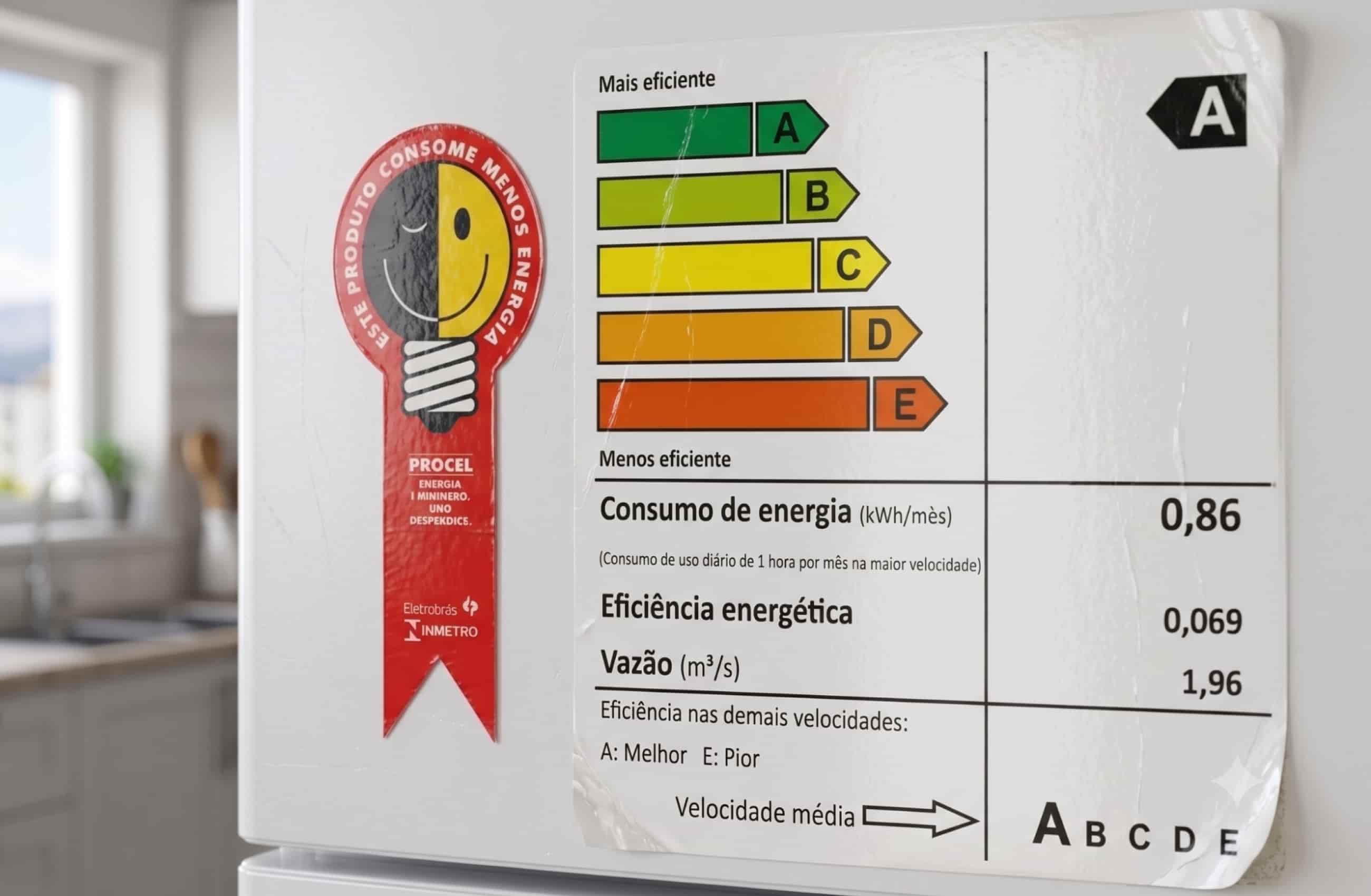 close-up um adesivo de eficiência energética do INMETRO, levemente desgastado nas pontas, colado em uma geladeira com fundo de cozinha desfocado.
