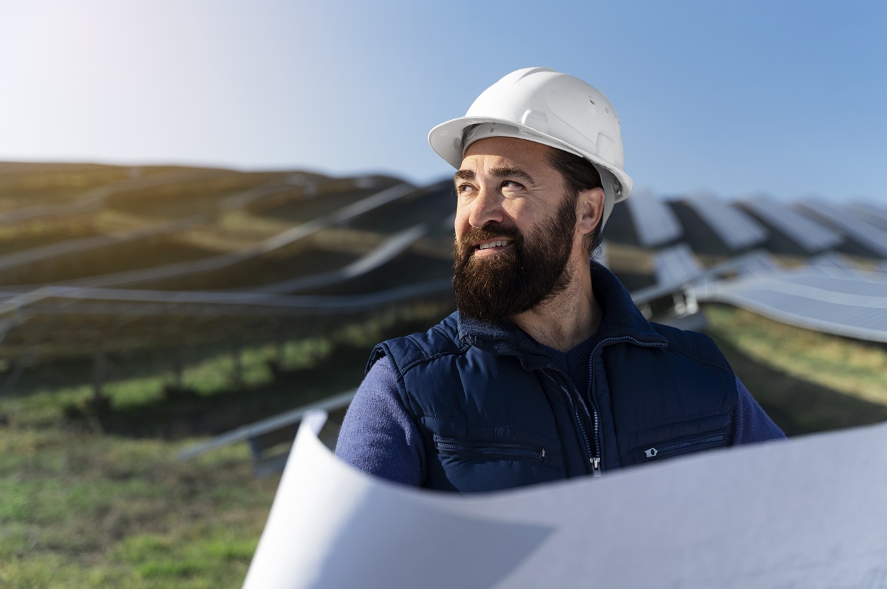 Homem com barba e cabelo escuro usando capacete branco e sorrindo, enquanto observa painéis solares instalados em um campo ao ar livre.