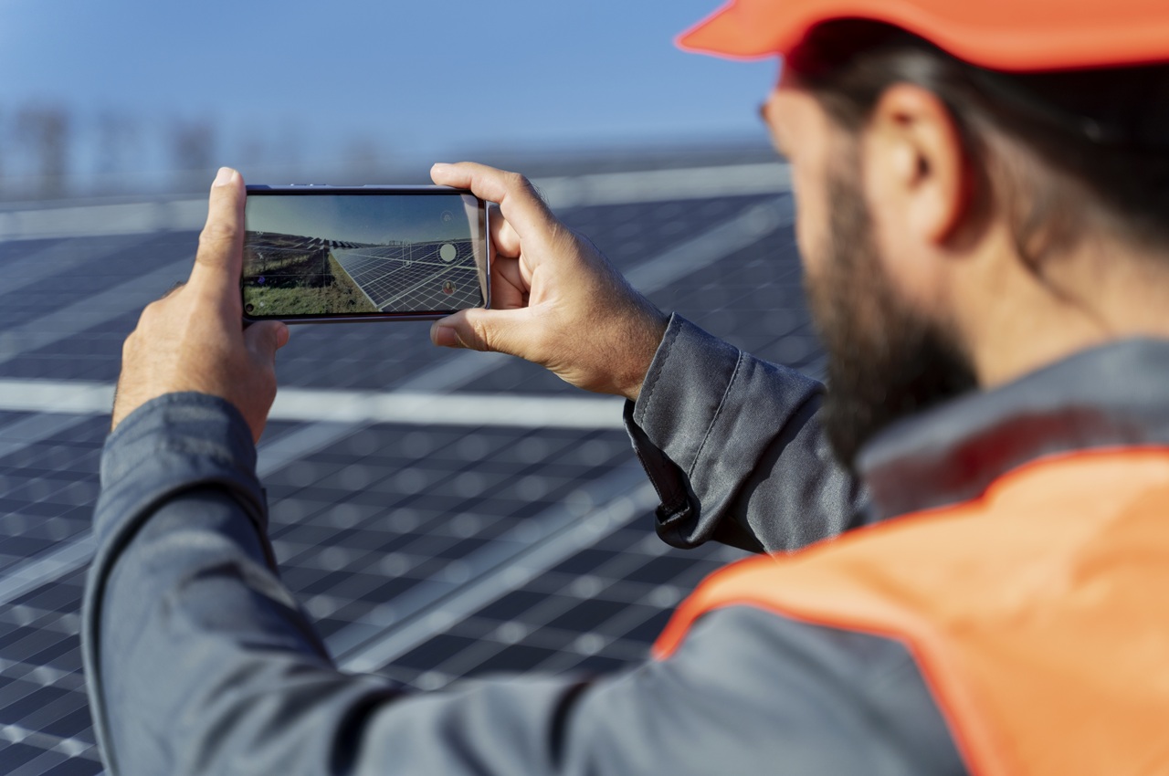 Homem tirando uma foto de painéis solares com seu telefone celular. Ele está usando um capacete laranja e jaqueta cinza, com colete laranja por cima.