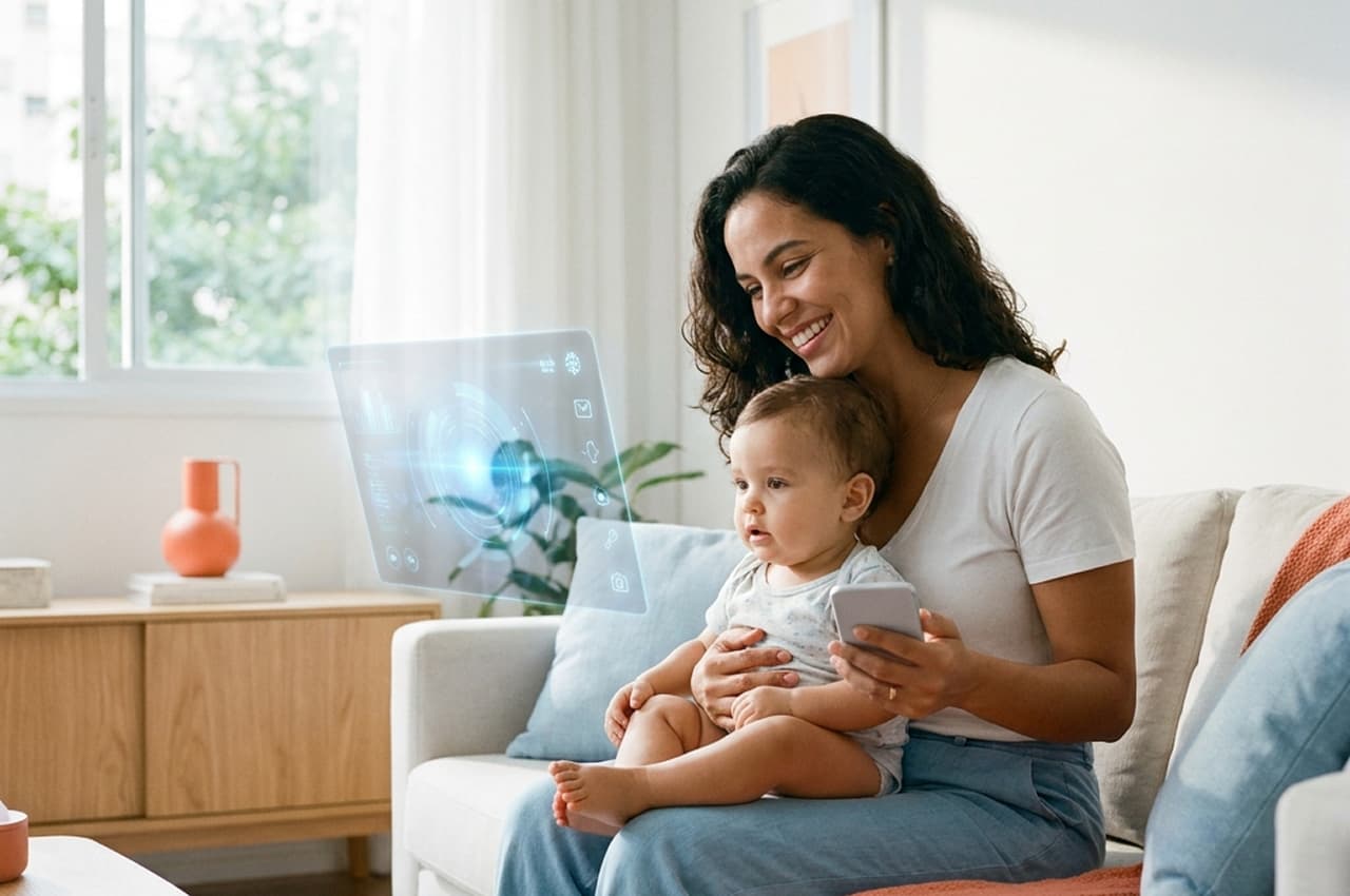 Mulher no sofá com bebê no colo interagindo com tela futurista que representa a Geração Beta.