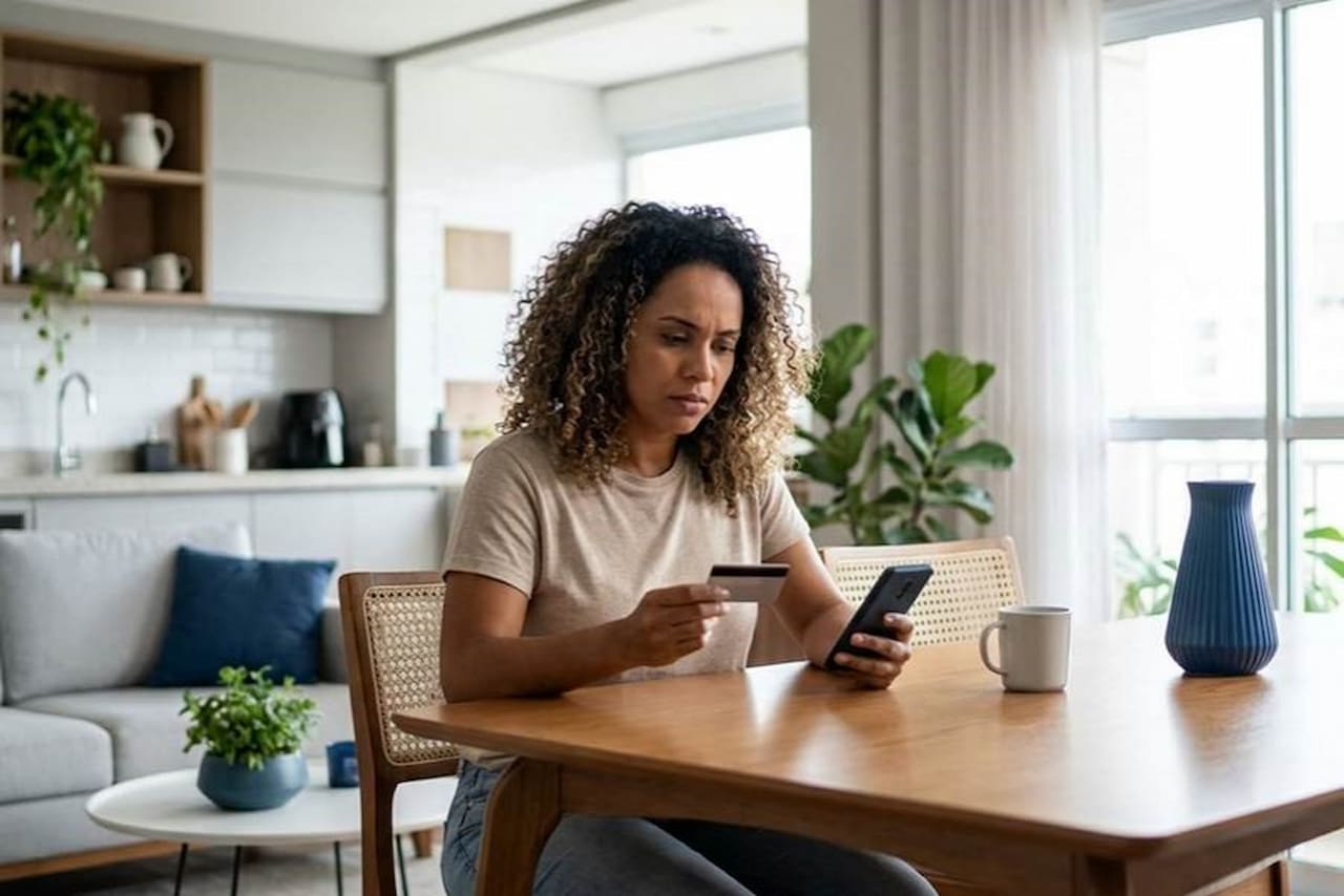 Mulher com expressão preocupada sentada à mesa, segurando um cartão e checando o celular para verificar se o cartão foi clonado.&nbsp;