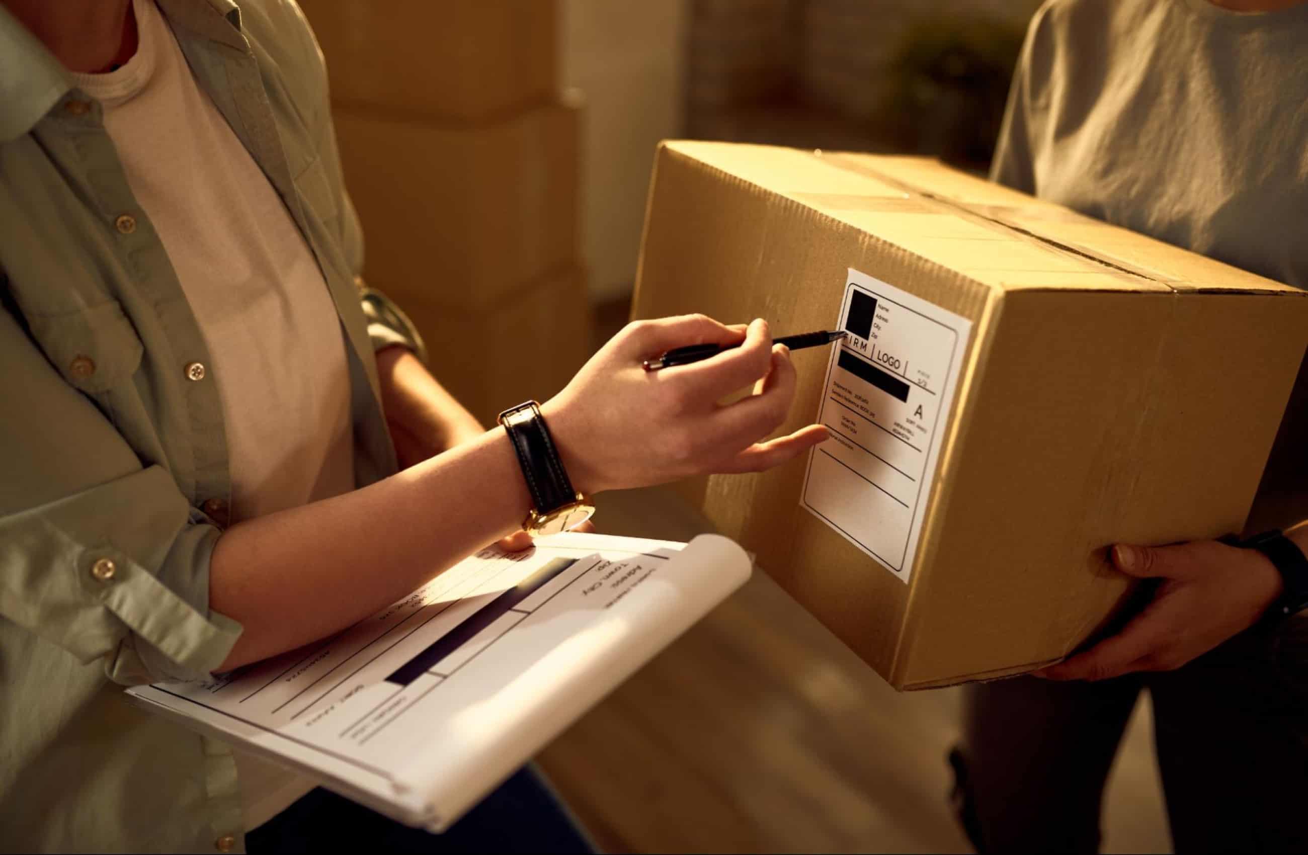 Duas mulheres conferem informações de uma etiqueta em uma caixa de papelão, uma prática essencial para evitar o golpe da entrega falsa e garantir que a encomenda seja legítima.