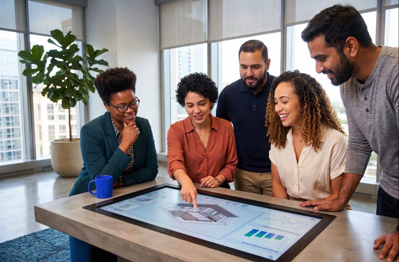 Time de pessoas em volta de mesa em escritório.