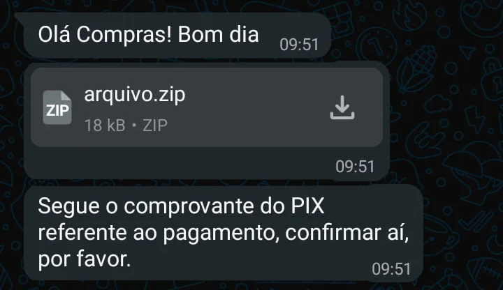 Captura de tela do WhatsApp demonstrando o golpe do arquivo infectado, no qual um criminoso envia um arquivo comprimido (".zip") sob o pretexto de ser um comprovante de pagamento.