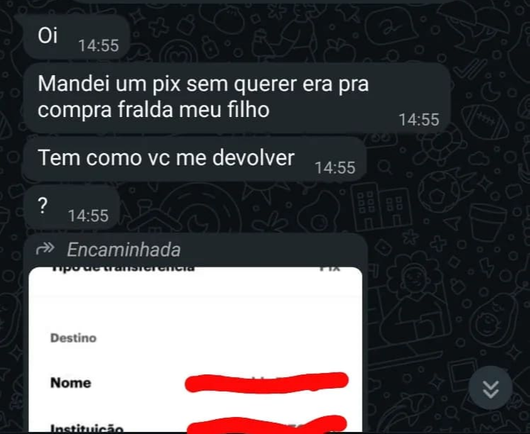 Captura de tela de uma conversa no WhatsApp ilustrando o golpe da devolução do Pix, onde um desconhecido alega ter enviado um valor por engano para sensibilizar a vítima.