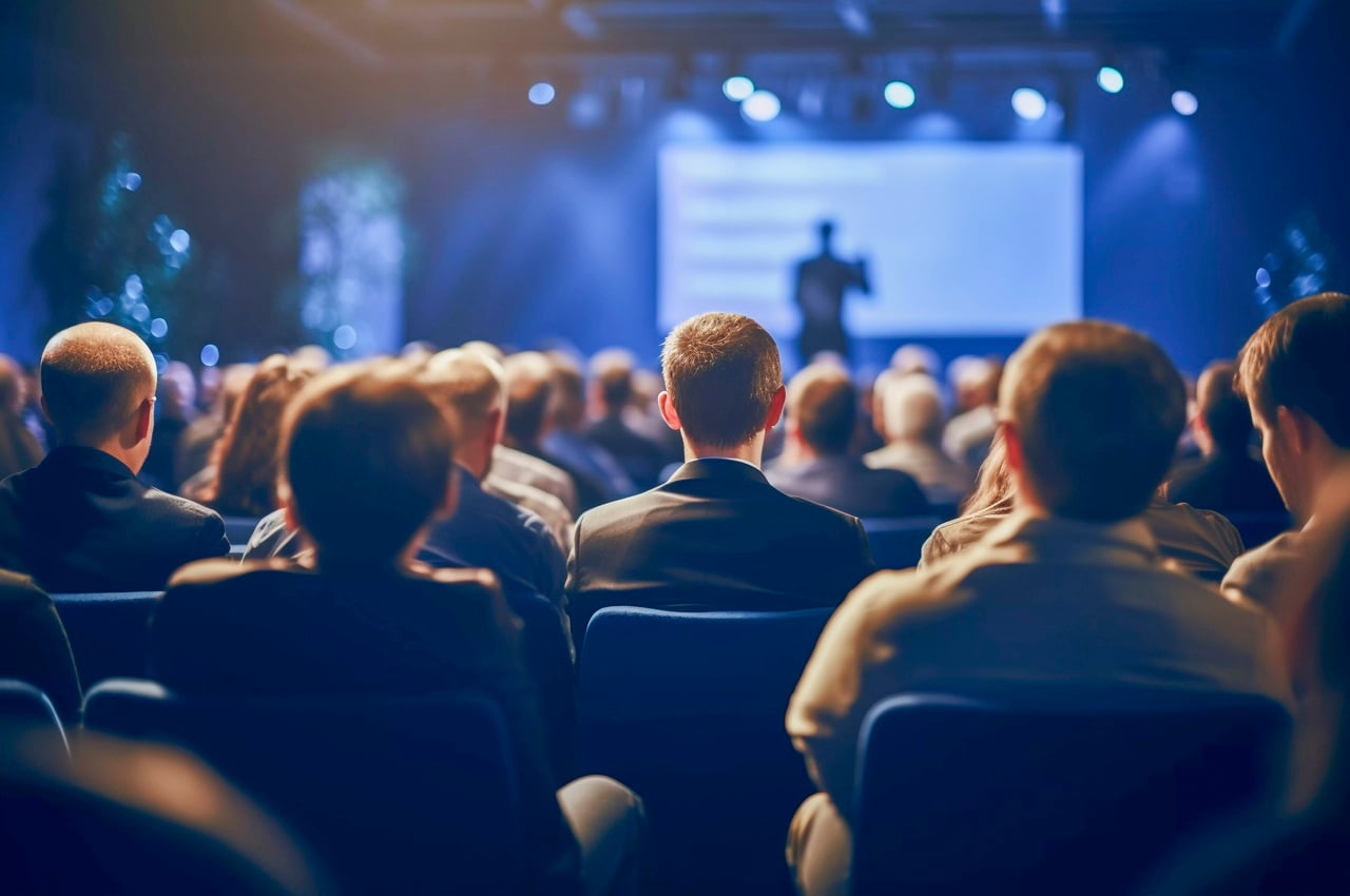Público, visto de trás para frente, assistindo a uma apresentação em um auditório com iluminação de palco. À frente, há um palestrante.