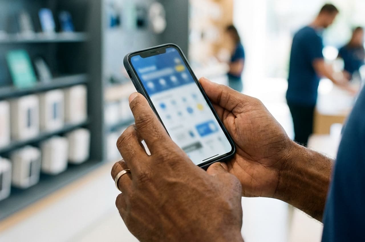 Mãos segurando um celular com aplicativo de loja aberto para exemplificar o uso de invisible banking e embedded finance.&nbsp;