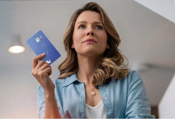 Mulher segurando cartão de crédito azul do BV enquanto reflete sobre o limite do cartão de crédito.