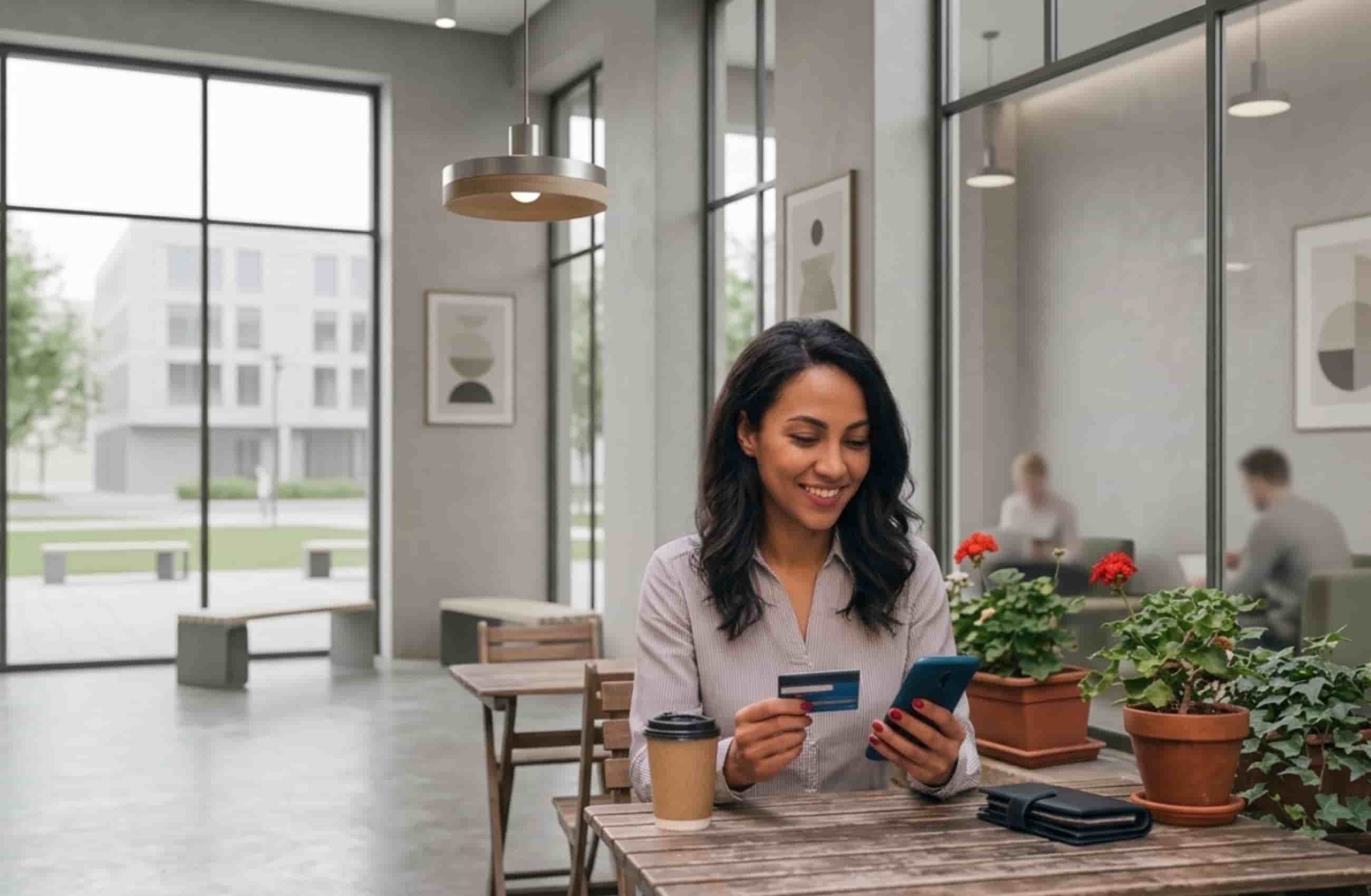 Mulher sentada em um café segurando cartão bancário enquanto faz compra pelo celular.