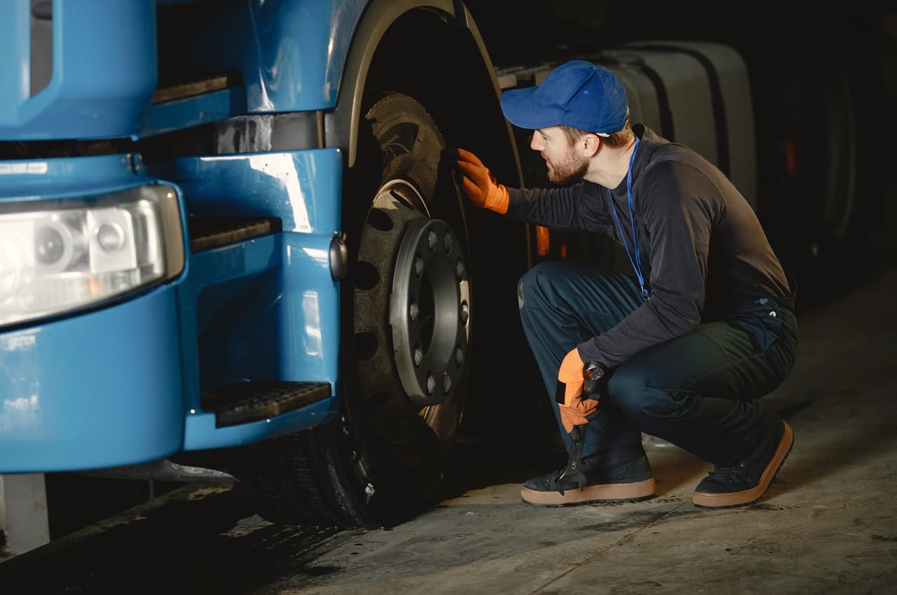 Mecânico de boné e luvas laranjas inspecionando o pneu dianteiro de um caminhão azul.