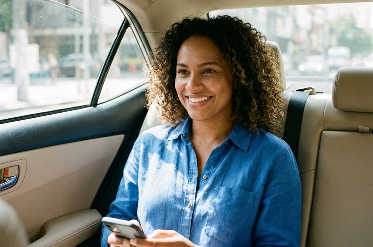Mulher sorridente no banco de trás de um carro de transporte por aplicativo, usando o celular para pagar uma corrida via pagamento invisível.