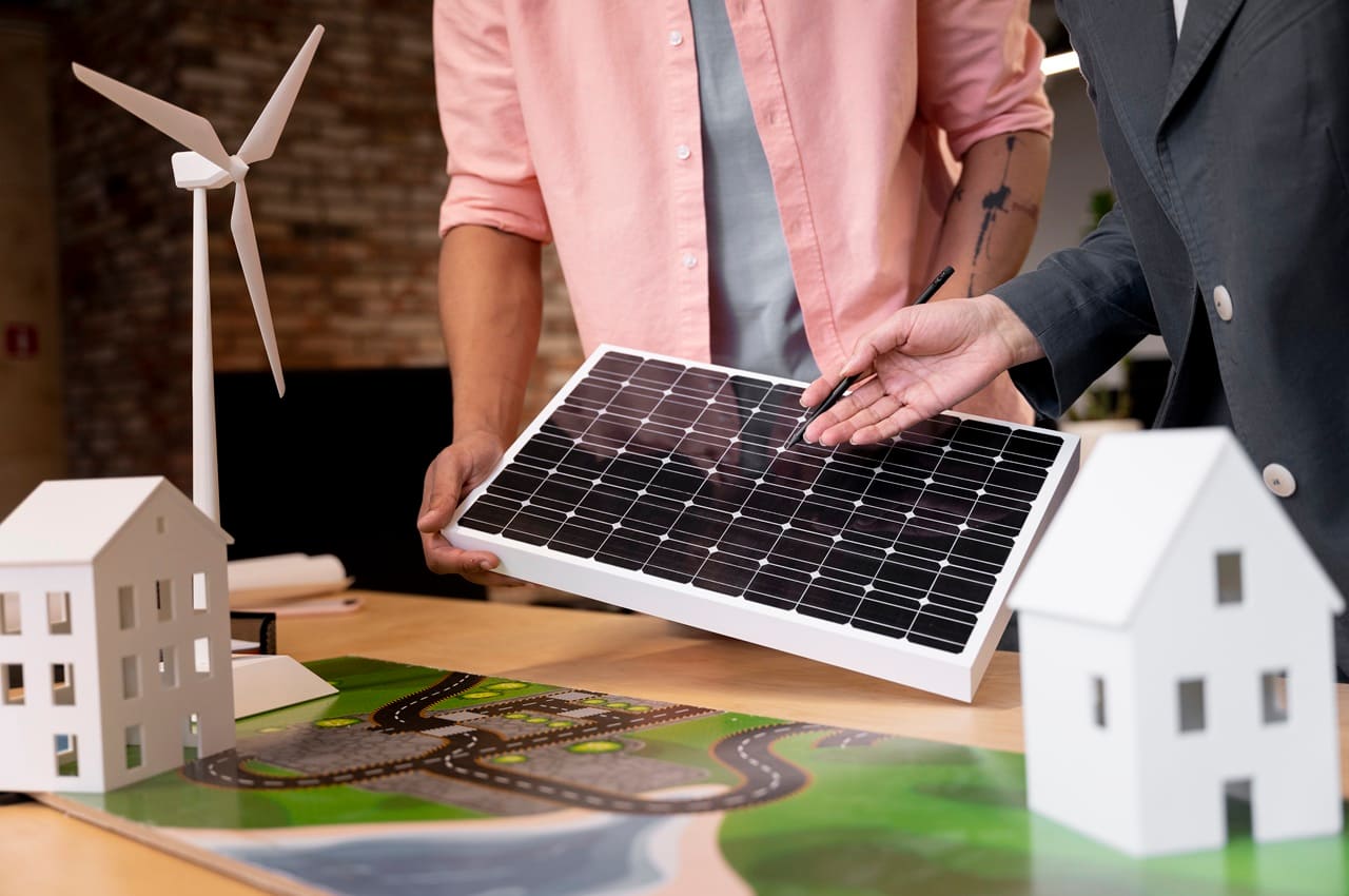 Mãos de duas pessoas inspecionando um painel solar em uma mesa de trabalho, com componentes eletrônicos e modelos de casas ao redor, sugerindo um projeto de energia solar.