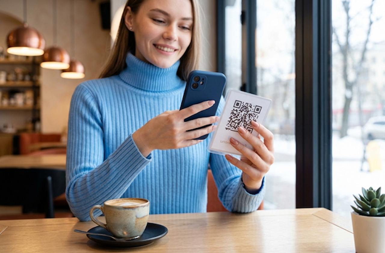 Mulher em uma cafeteria aponta o celular para um cartão com QR code, ao lado de uma xícara de café.