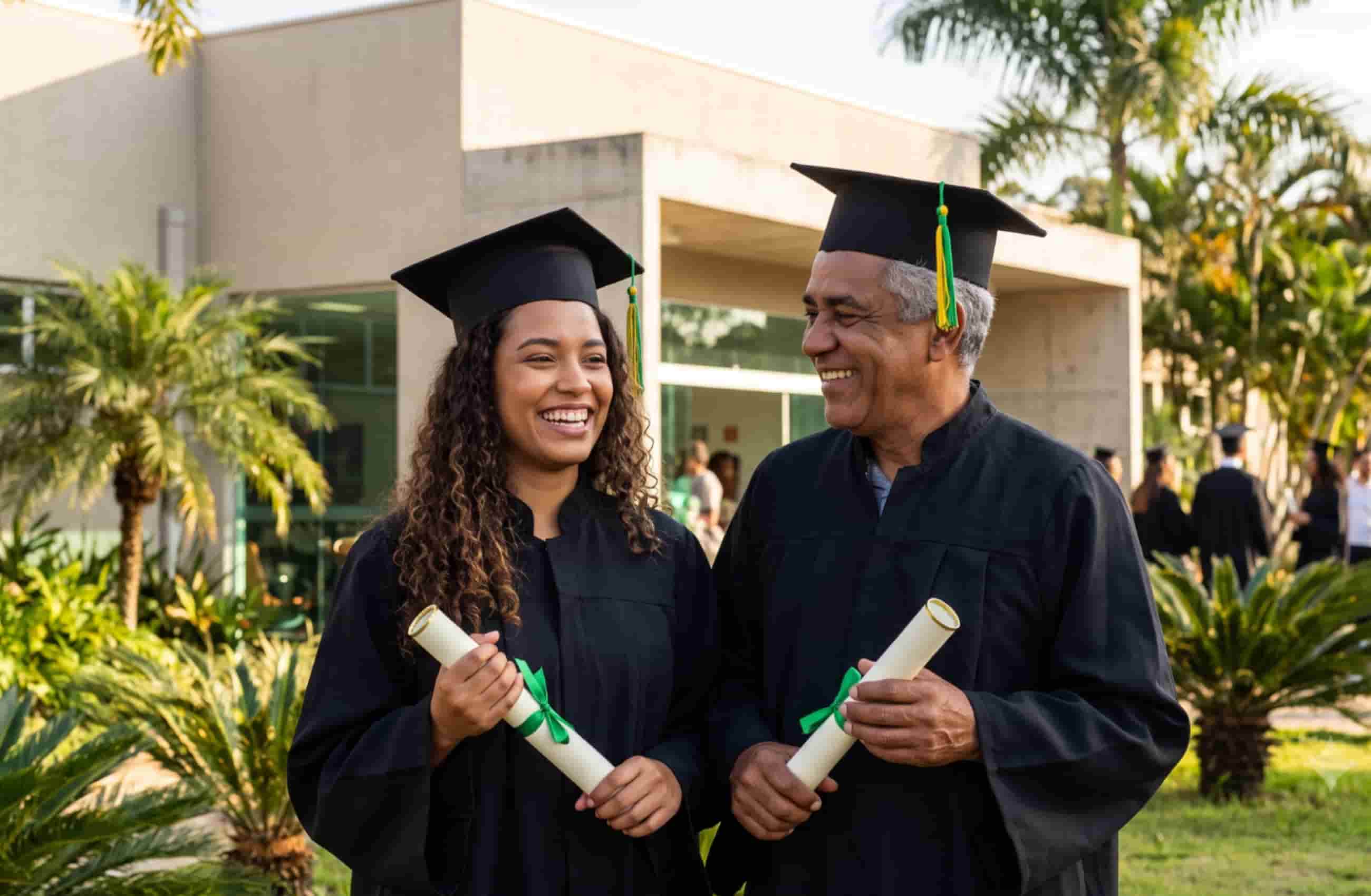 Duas pessoas, uma jovem e um homem mais velho, sorriem lado a lado vestindo becas de formatura e segurando diplomas.