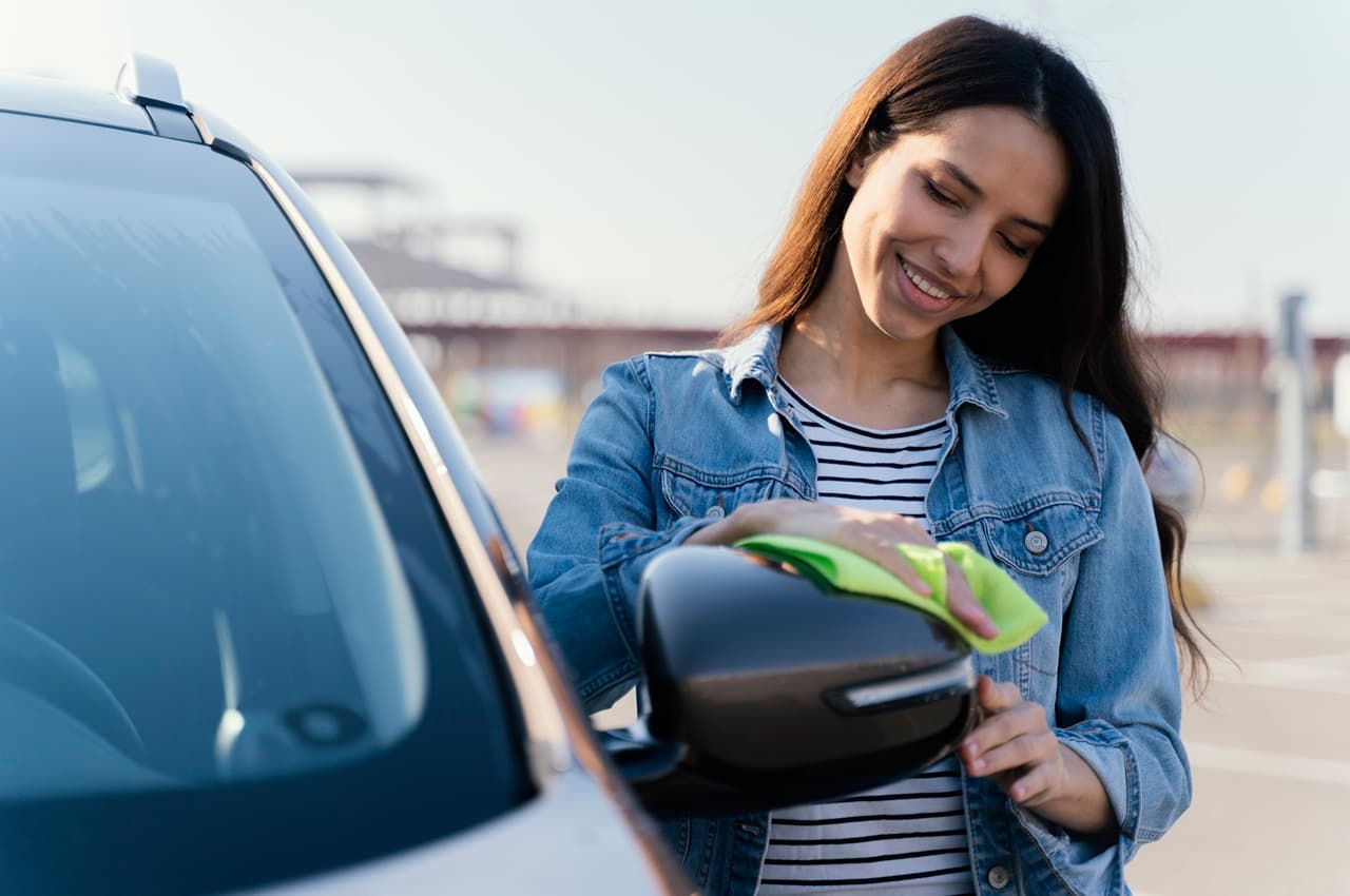 Mulher sorridente limpando o retrovisor de um veículo leve com um pano verde.