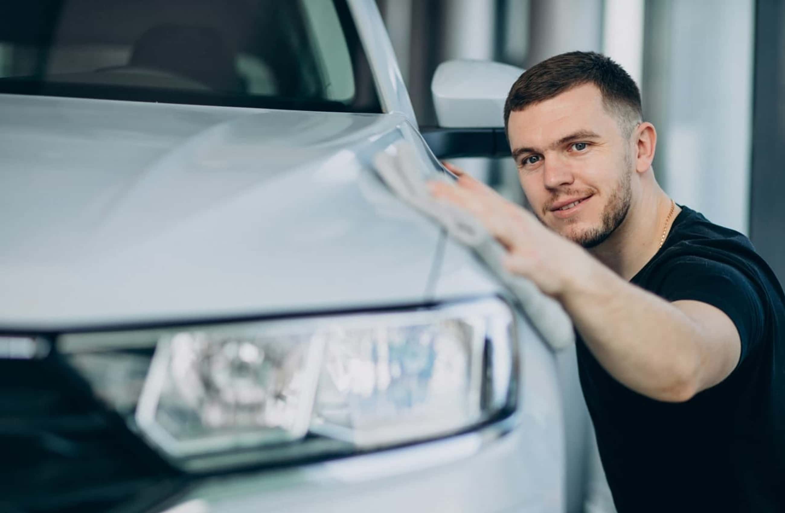 Homem com cabelos castanho, olhos azuis e camiseta preta está agachado ao lado de um carro prata, com as mãos apoiadas no capô do veículo, admirando a conquista. A imagem representa o quanto custa para manter um carro.