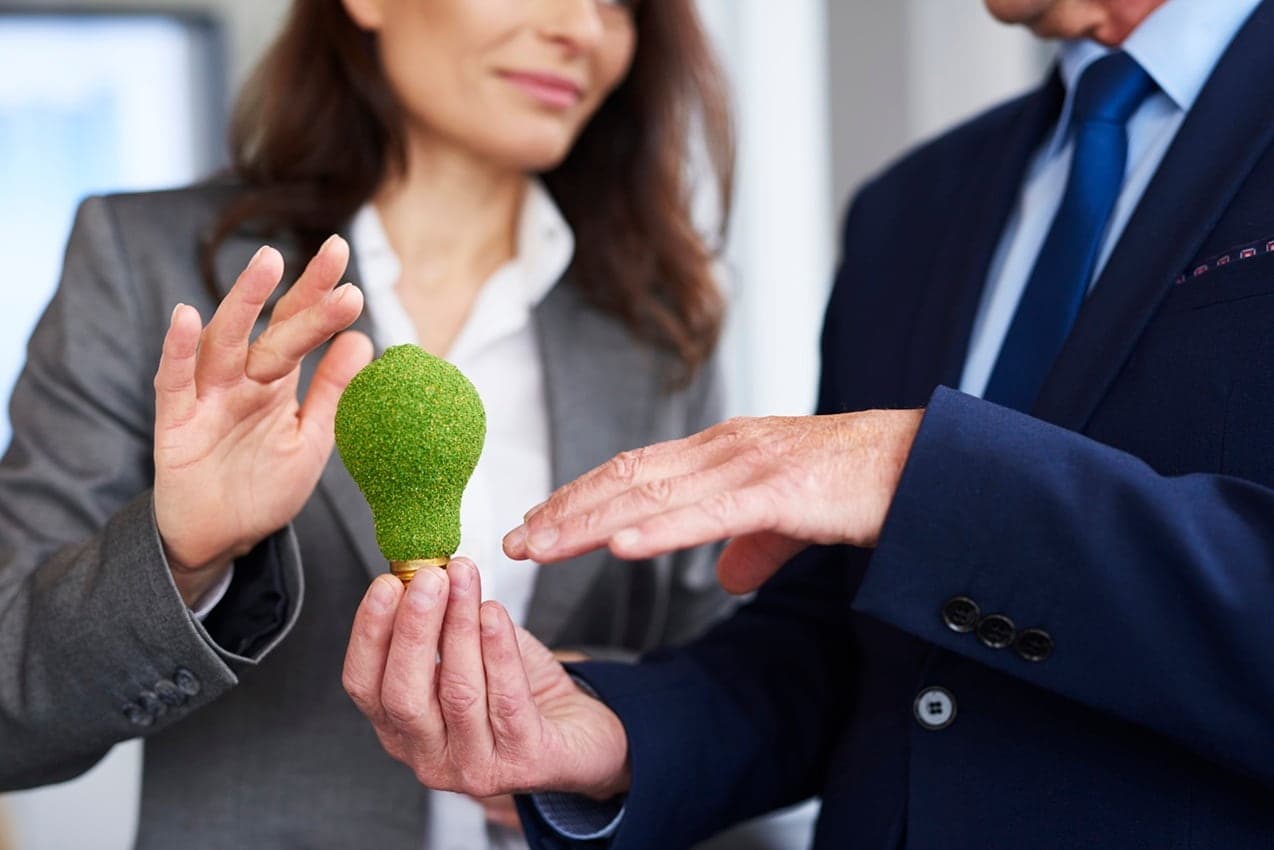 Duas pessoas em ambiente de escritório segurando uma pequena lâmpada verde entre as mãos, simbolizando a sustentabilidade.