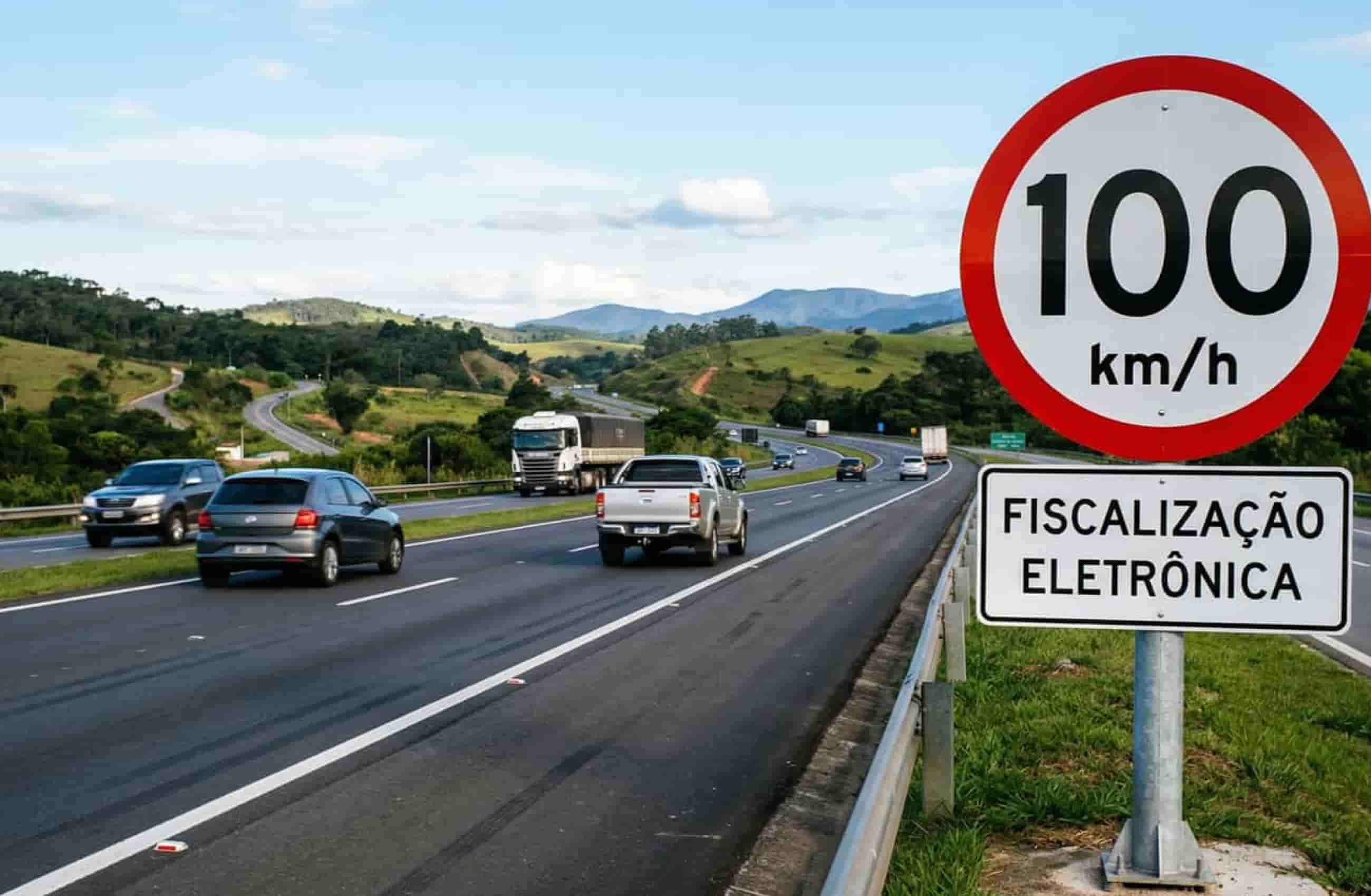 Fotografia de uma rodovia com vários carros e em primeiro plano uma placa de limite de velocidade de 100km/h e fiscalização eletrônica.