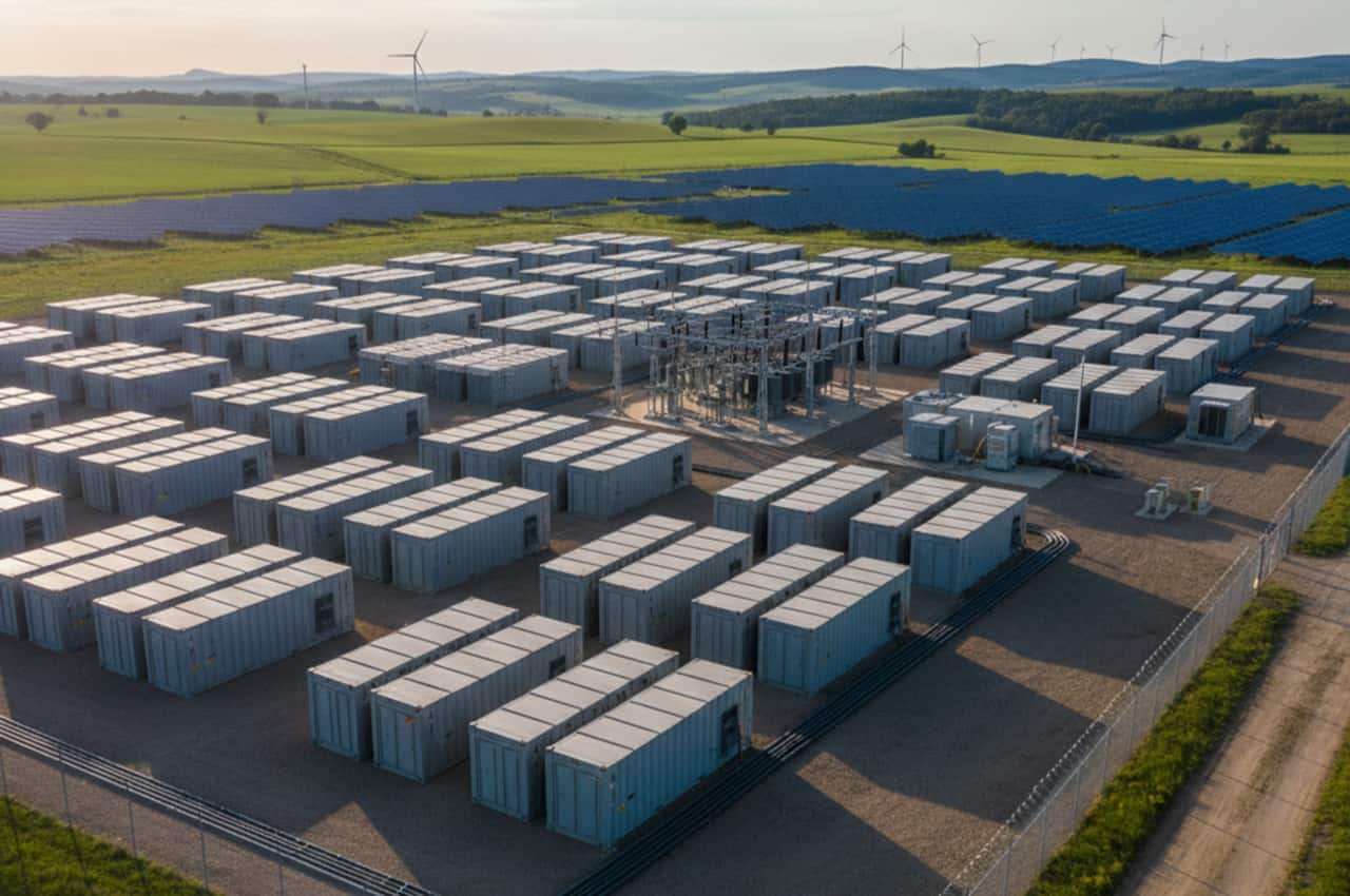 Vista de uma grande área de instalação de sistemas BESS, cercada por campos verdes e painéis solares.