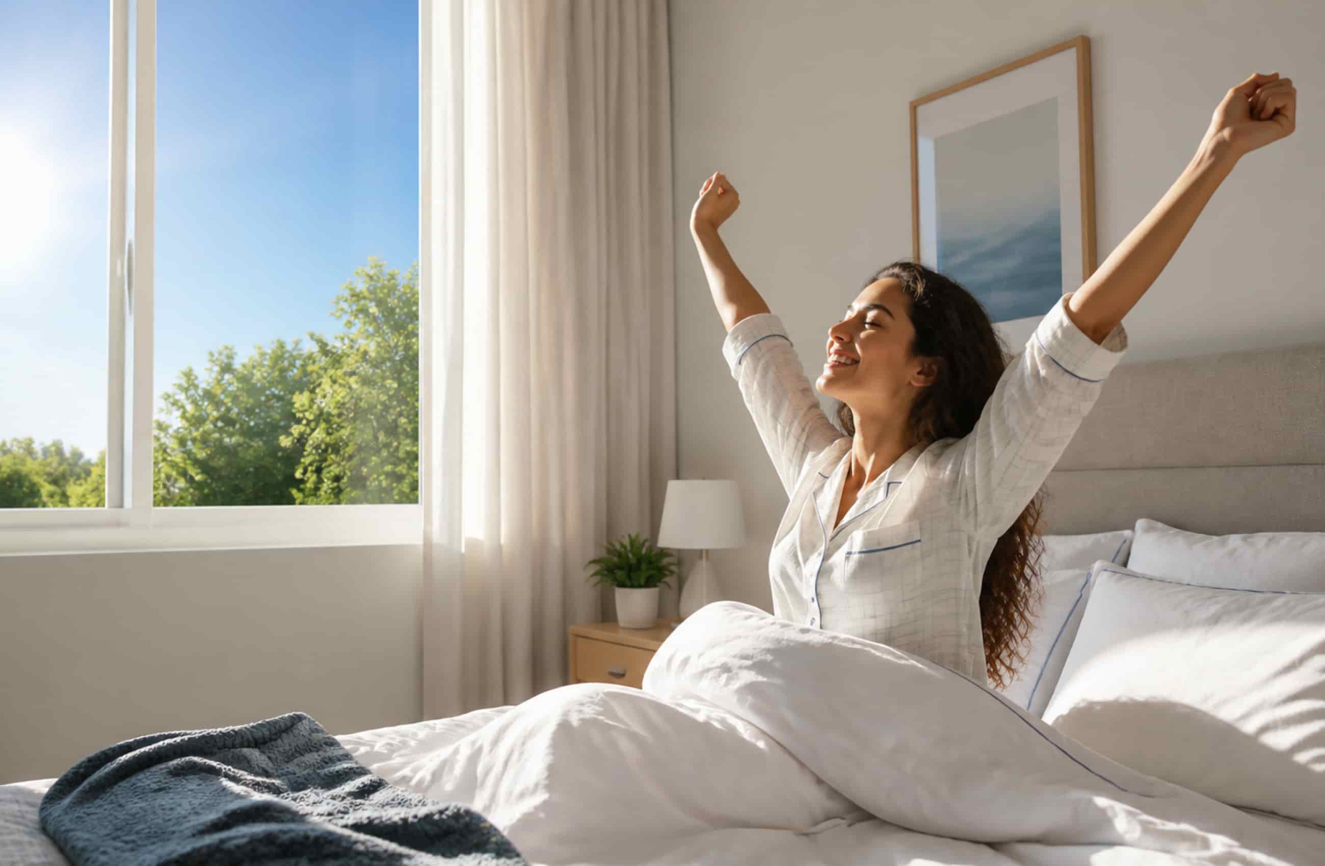 Uma mulher adulta sentada na cama, se espreguiçando e sorrindo. Ela está em um quarto, com as cortinas e a janela abertas.
