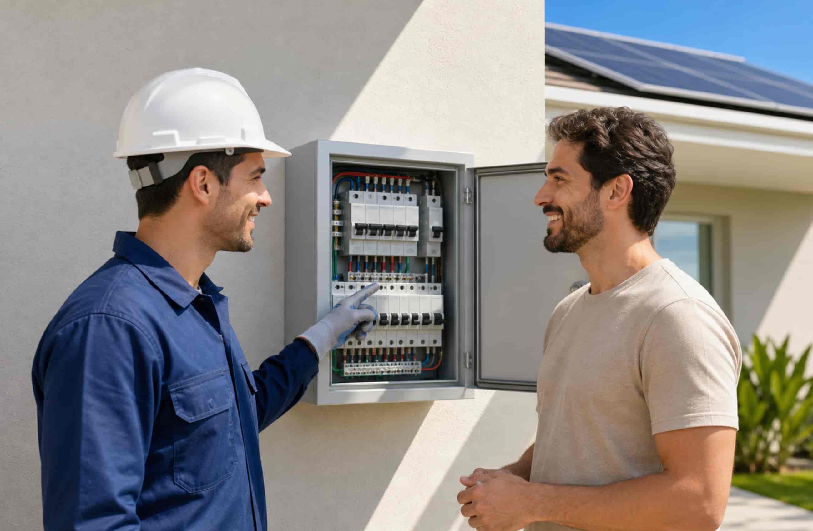 Dois homens sorrindo do lado de fora de uma casa, em frente a um quadro de energia. Um dos homens usa uma roupa e EPI de técnico eletricista.