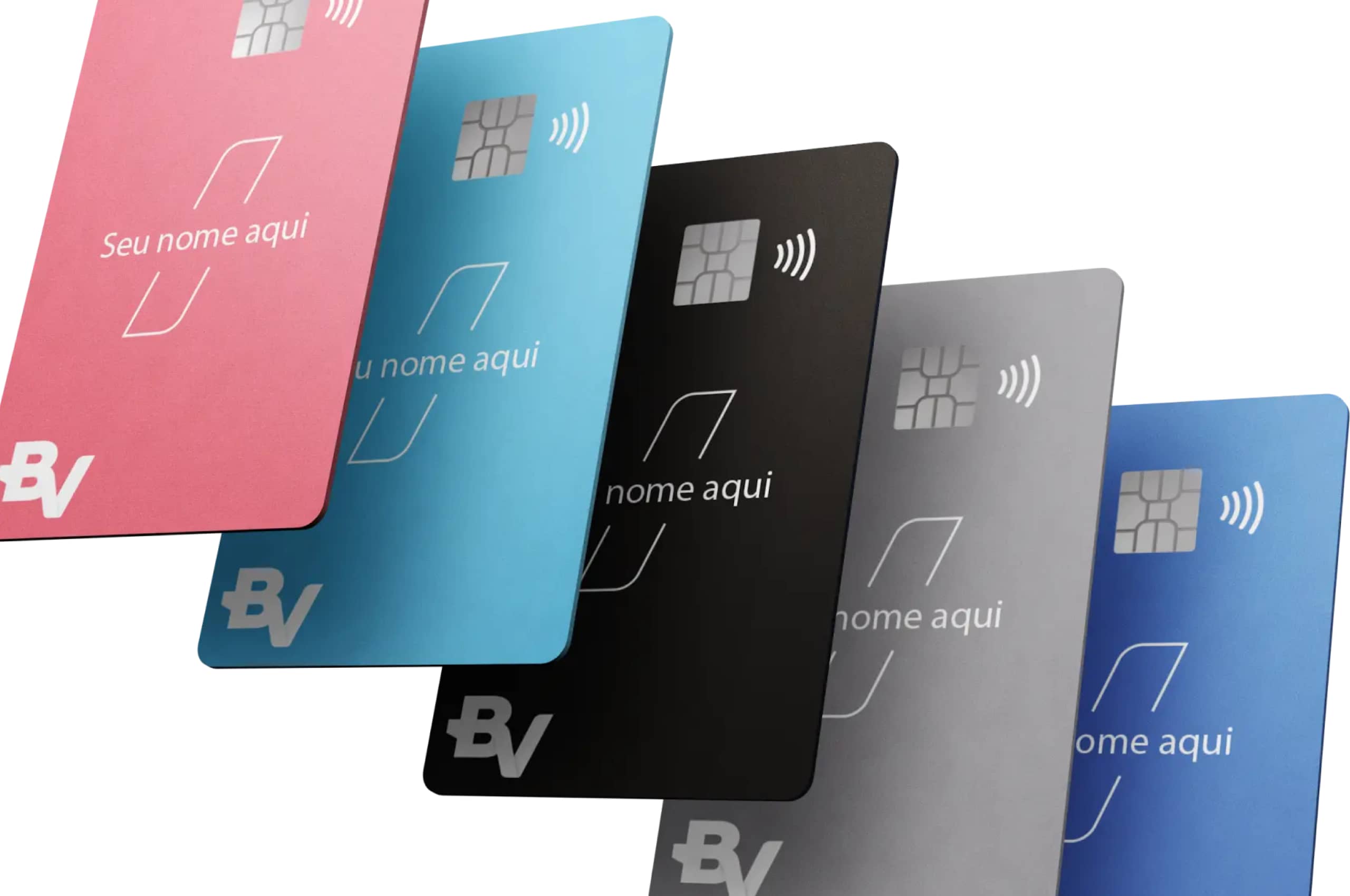 Diversos modelos do Cartão BV, em cores como rosa, azul preto e cinza, sobre um fundo branco.