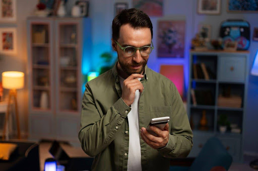 Um homem utilizando um smartphone com uma das mãos no queixo, parecendo pensativo.