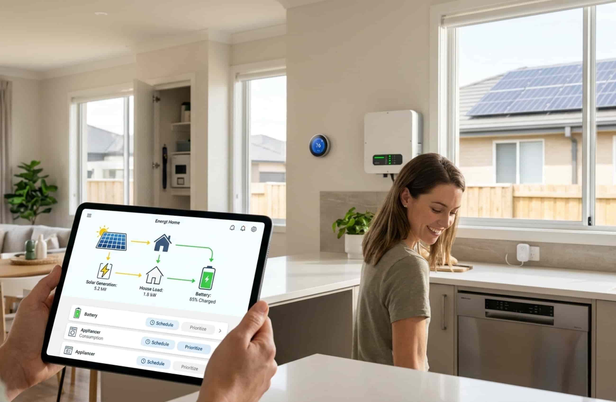 Uma casa com placas de energia solar. Em primeiro plano vemos duas mãos segurando um tablet que mostra o funcionamento das placas, e uma mulher branca sorrindo de plano de fundo.