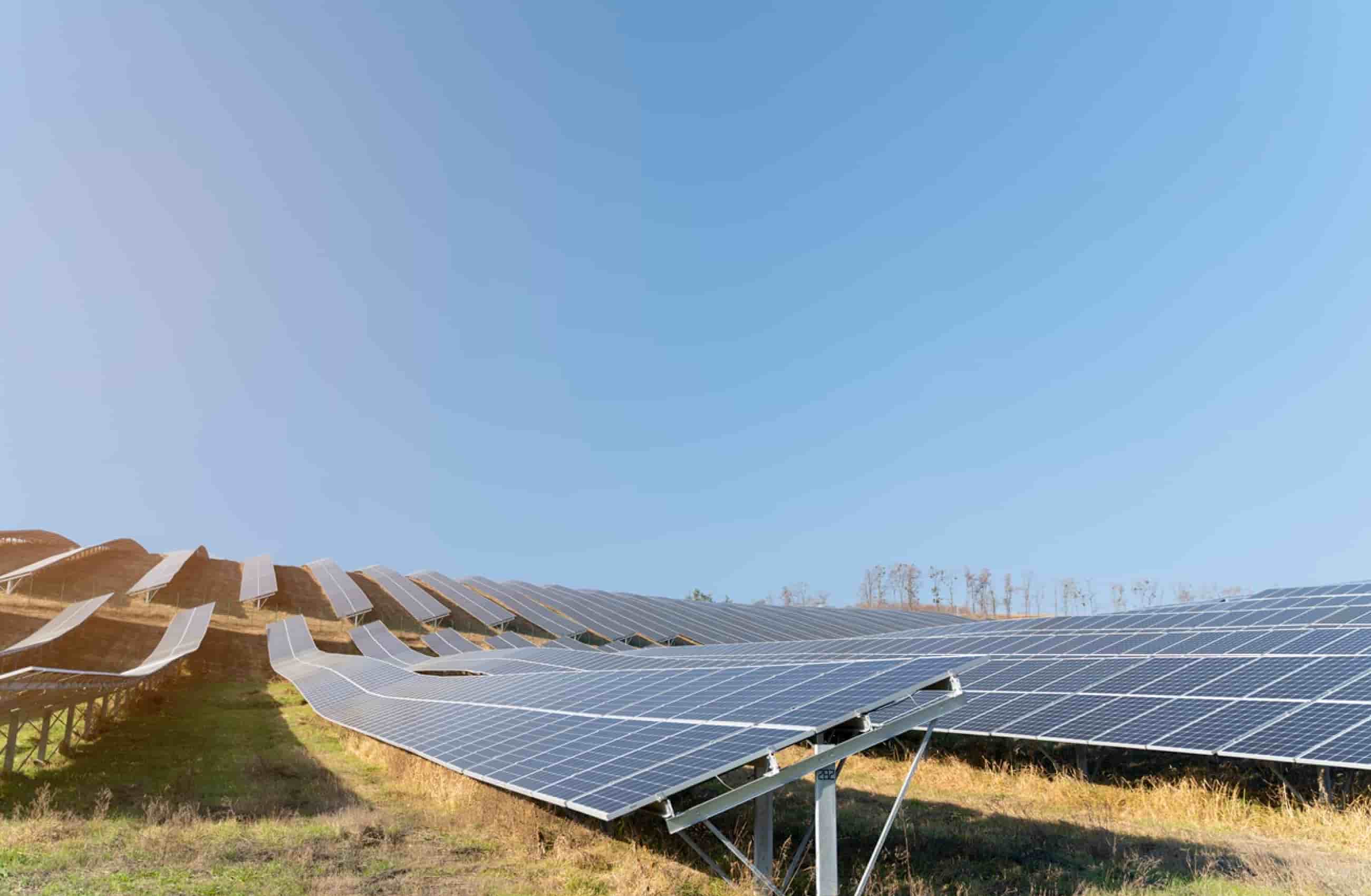 Várias placas solares instaladas em um gramado verde. Acima delas, tem um céu azul sem nuvens.