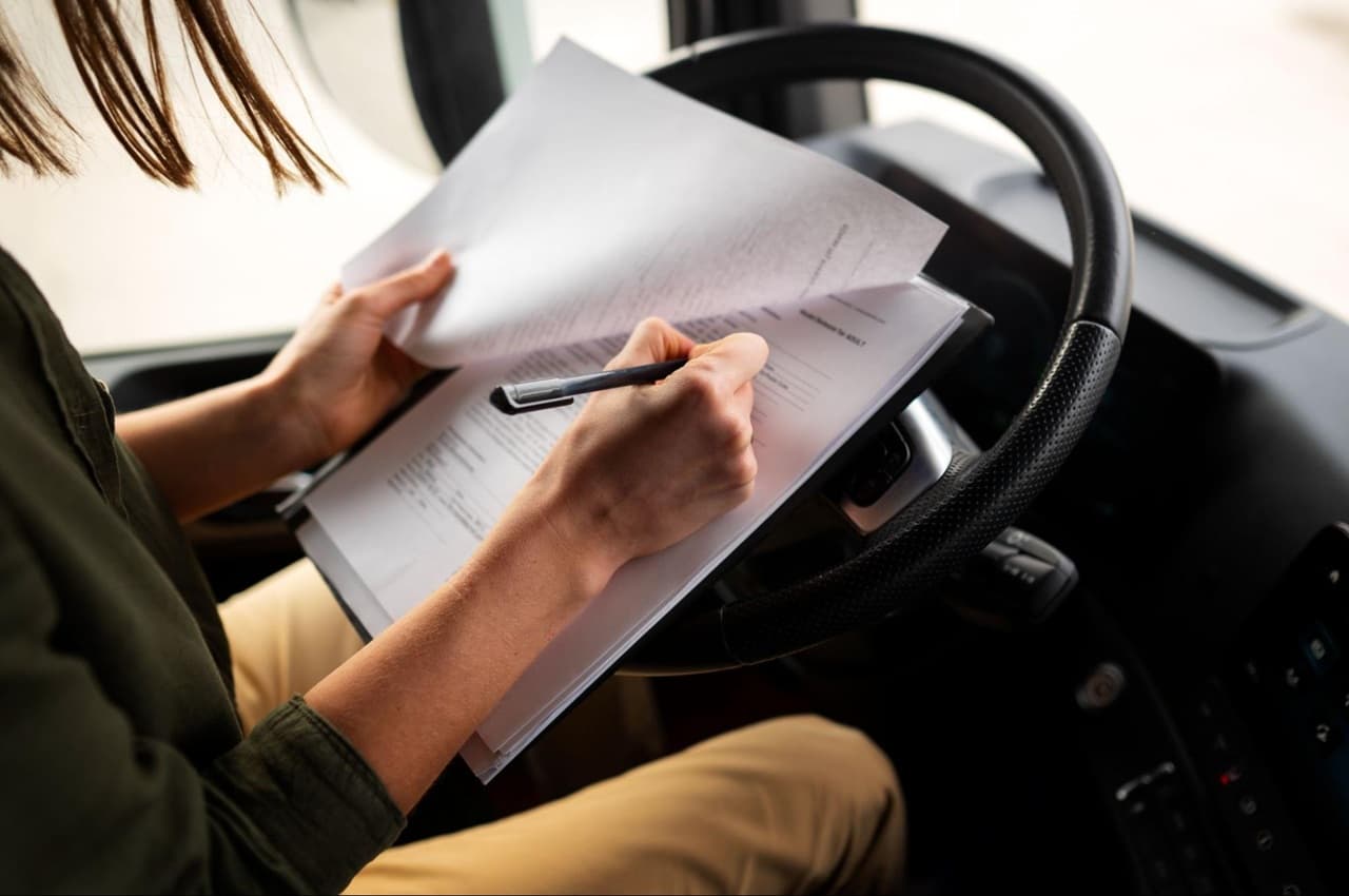 Pessoa dentro de um caminhão preenchendo documentos em uma prancheta disposta sobre o volante.