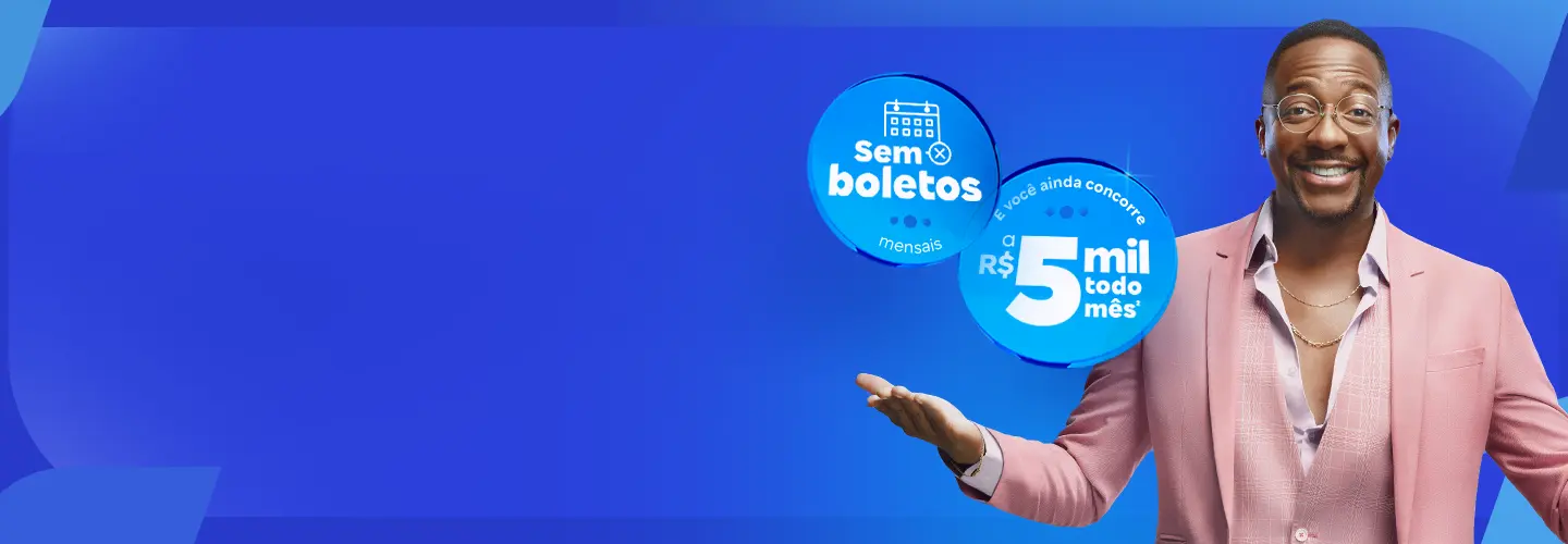 A imagem tem um fundo azul. Do lado esquerdo, temos o título: " fgts completão bv". logo abaixo, temos o texto: "a melhor oferta do brasil: dinheiro em até 24h, proteção extra caso perca emprego e sorteios". seguida, dois botões, primeiro traz texto "simular por whatsapp" segundo é saiba mais sobre empréstimo fgts" . também um legal: "sujeito a análise. consulte condições" . já lado direito, duas figuras redondas azul-claro. primeira seguinte "sem boletos mensais" . segunda tem e você ainda concorre r$ 5 mil todo mês . ao das figuras, foto cantor mumuzinho, que está de óculos grau, vestindo terno rosado, com as mãos levemente levantas para cima