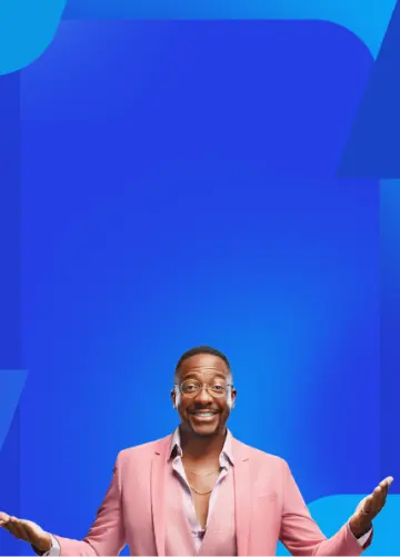 A imagem tem um fundo azul. Do lado esquerdo, temos o título: " fgts completão bv". logo abaixo, temos o texto: "a melhor oferta do brasil: dinheiro em até 24h, proteção extra caso perca emprego e sorteios". seguida, dois botões, primeiro traz texto "simular por whatsapp" segundo é saiba mais sobre empréstimo fgts" . também um legal: "sujeito a análise. consulte condições" . já lado direito, duas figuras redondas azul-claro. primeira seguinte "sem boletos mensais" . segunda tem e você ainda concorre r$ 5 mil todo mês . ao das figuras, foto cantor mumuzinho, que está de óculos grau, vestindo terno rosado, com as mãos levemente levantas para cima