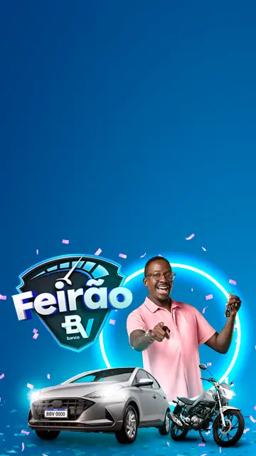 Fundo azul com confete rosa caindo e confete azul no chão. No final da página, está o logo do Feirão BV com o cantor Mumuzinho saindo de um círculo azul brilhante. Ele usa óculos de grau, veste uma camisa coral e sorri, enquanto segura uma chave de carro. Embaixo, tem um carro e uma moto.